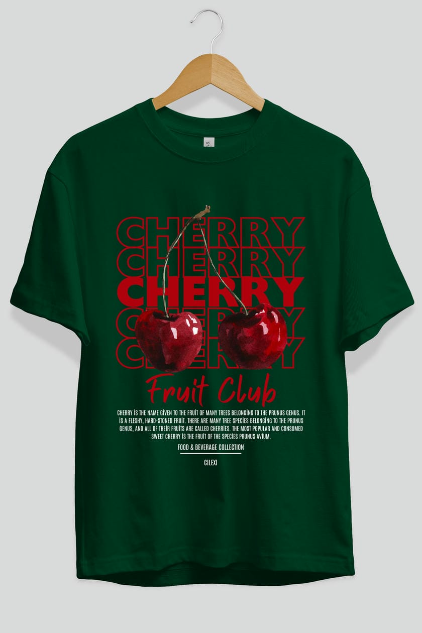 Cherry Ön Baskılı Oversize t-shirt Erkek Kadın Pamuk Bisiklet Yaka tişort