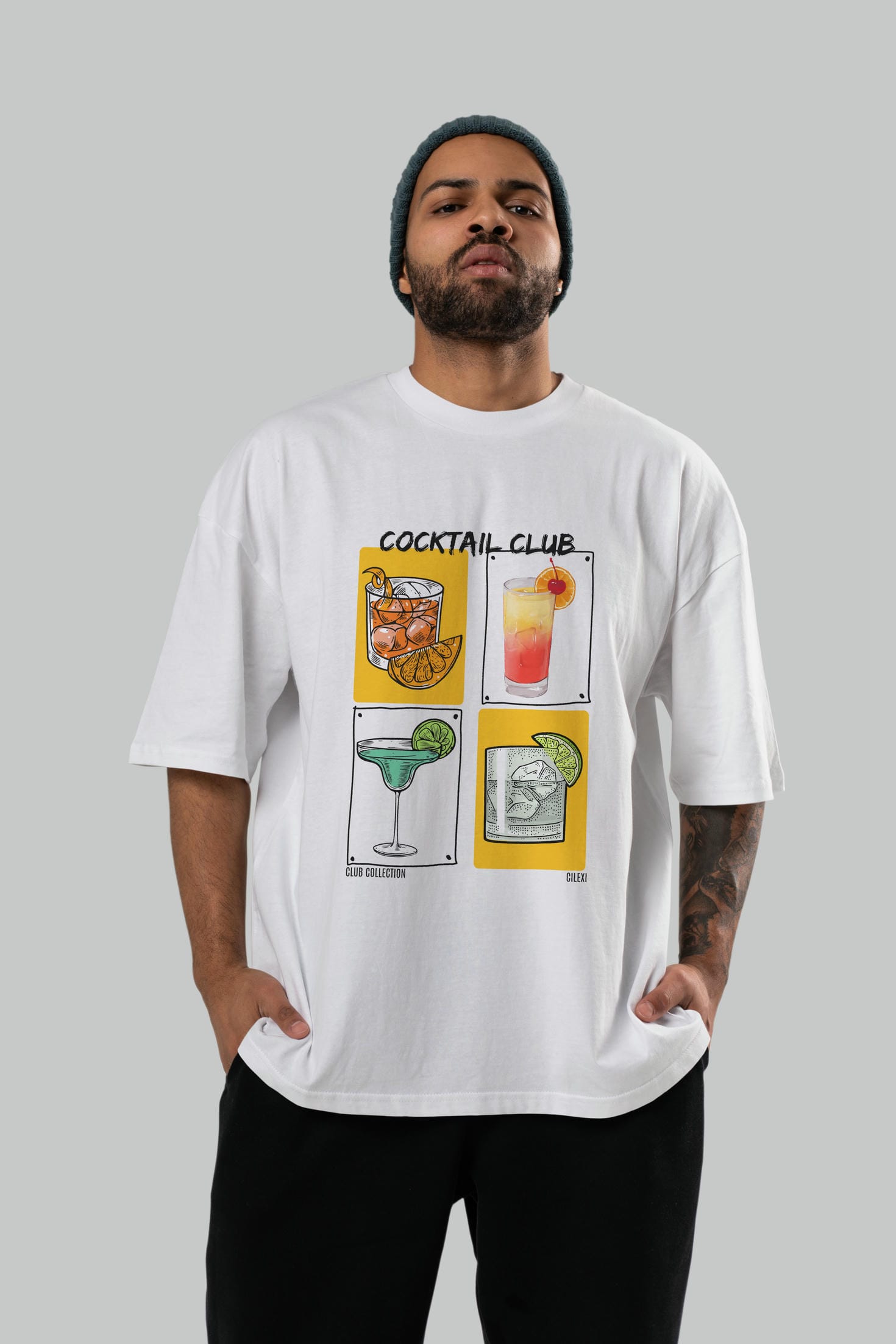 Cocktail Club ön Baskılı Oversize t-shirt Erkek Kadın %100 Pamuk Bisiklet Yaka tişort