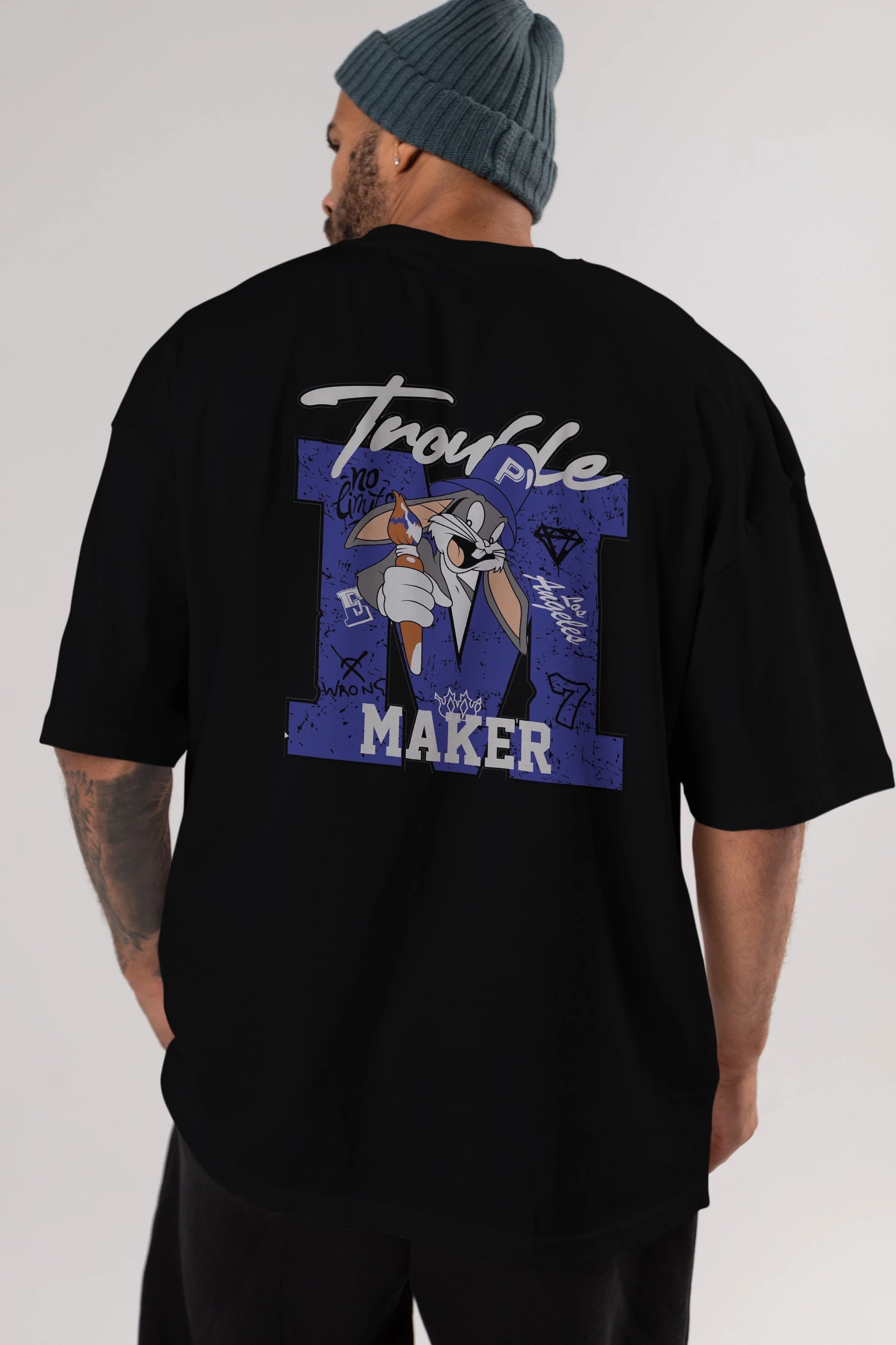 Bugs Bunny Arka Baskılı Oversize t-shirt Erkek Kadın Unisex %100 Pamuk Bisiklet Yaka tişort