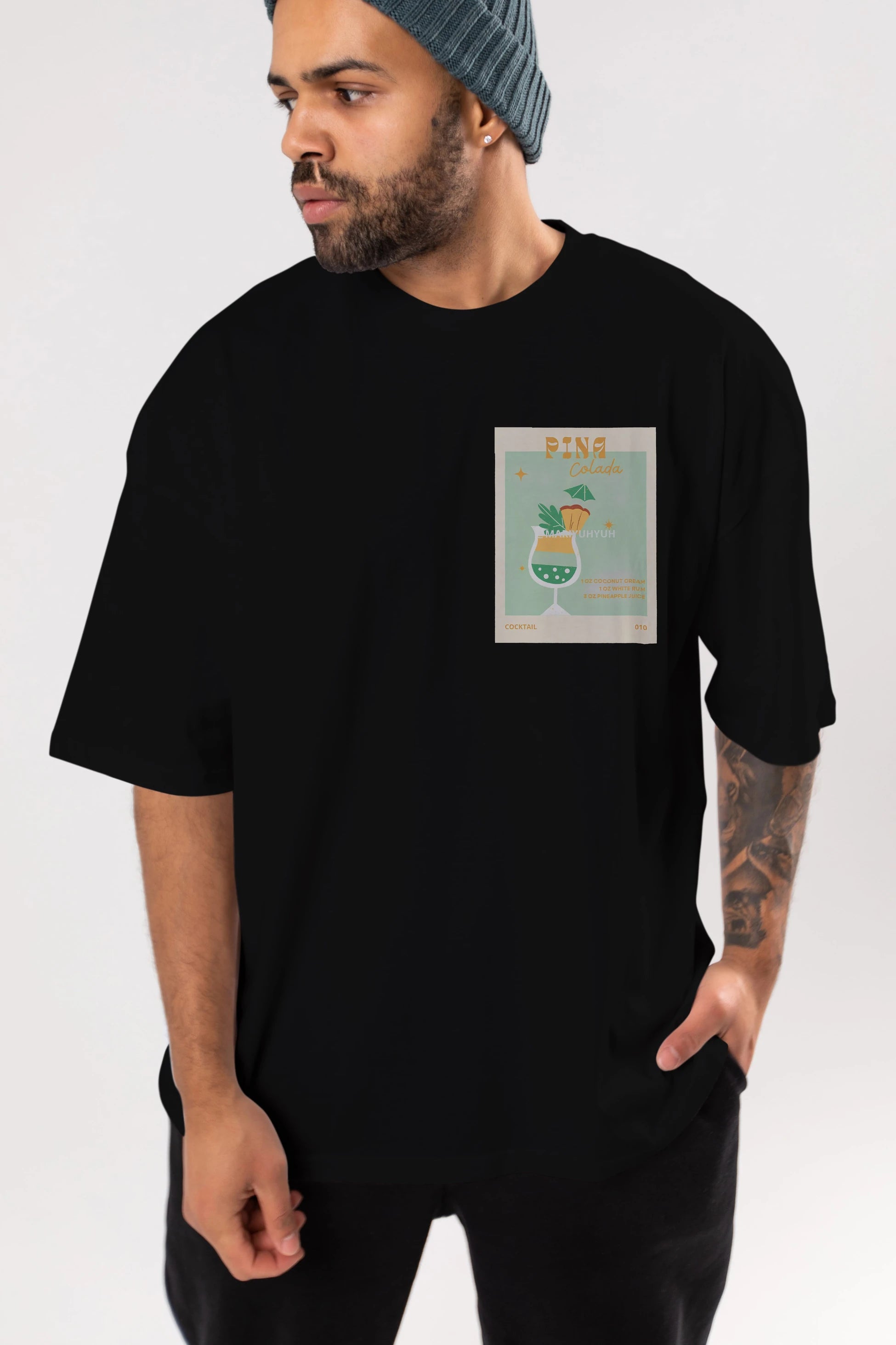 Pina Colada Ön Sol Baskılı Oversize t-shirt Erkek Kadın Unisex %100 Pamuk Bisiklet Yaka tişort