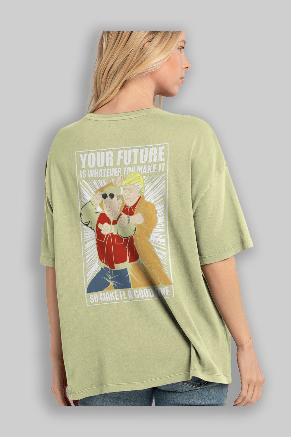 Back To The Future Jong Un Trump Arka Baskılı Oversize t-shirt Erkek Kadın Unisex %100 Pamuk tişort