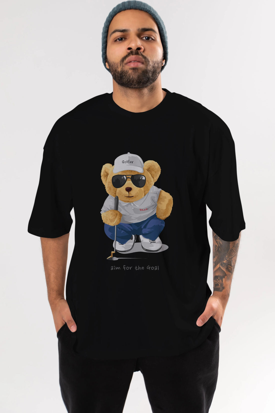 Teddy Bear Golfer Ön Baskılı Oversize t-shirt Erkek Kadın Unisex %100 Pamuk