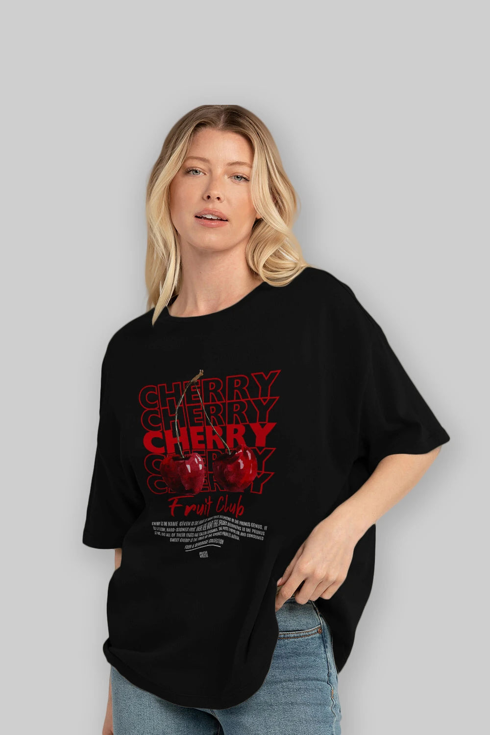 Cherry Ön Baskılı Oversize t-shirt Erkek Kadın Pamuk Bisiklet Yaka tişort