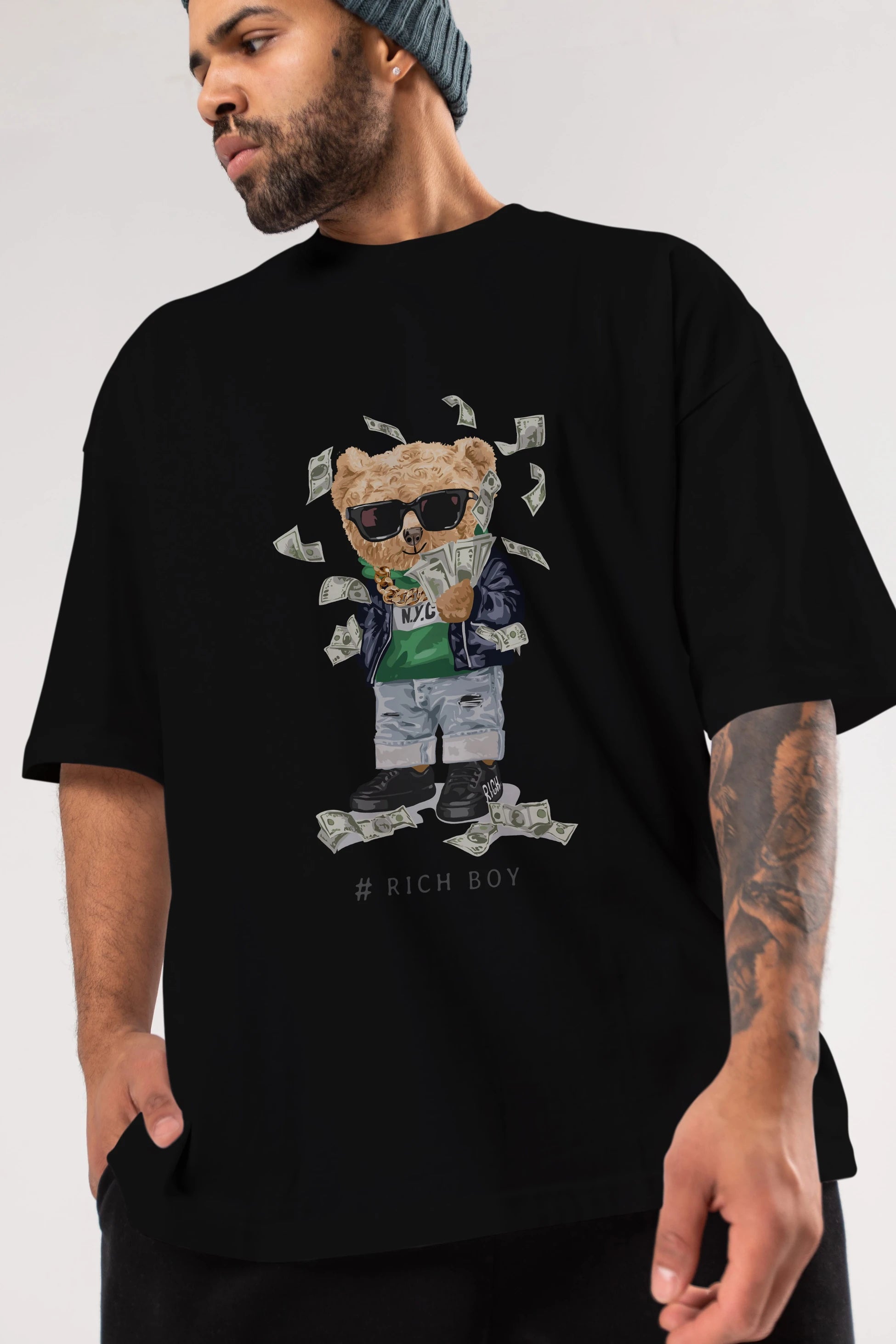 Teddy Bear Rich Boy Ön Baskılı Oversize t-shirt Erkek Kadın Unisex %100 Pamuk