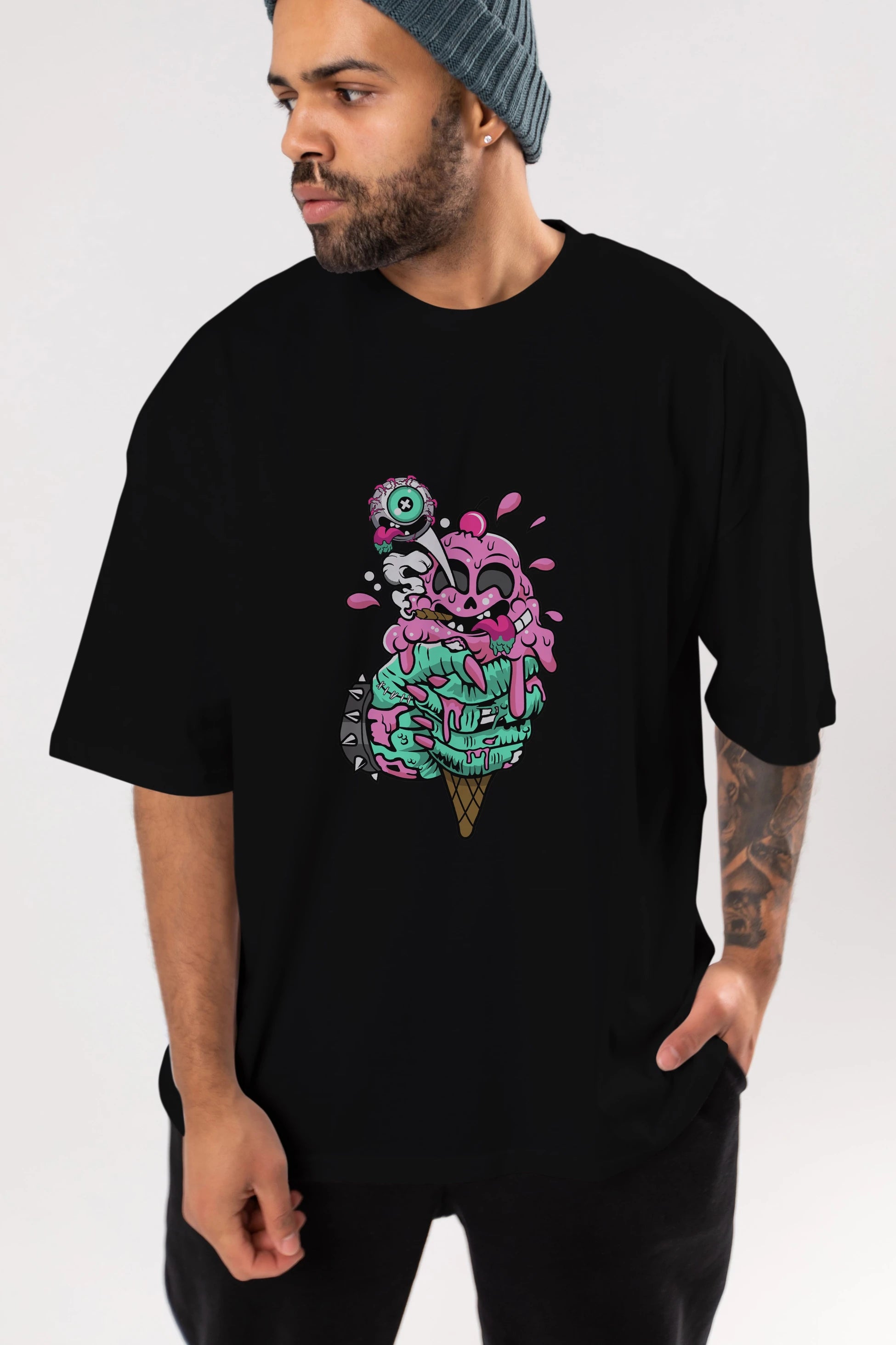 Ice Cream Zombie Ön Baskılı Oversize t-shirt Erkek Kadın Unisex %100 Pamuk tişort