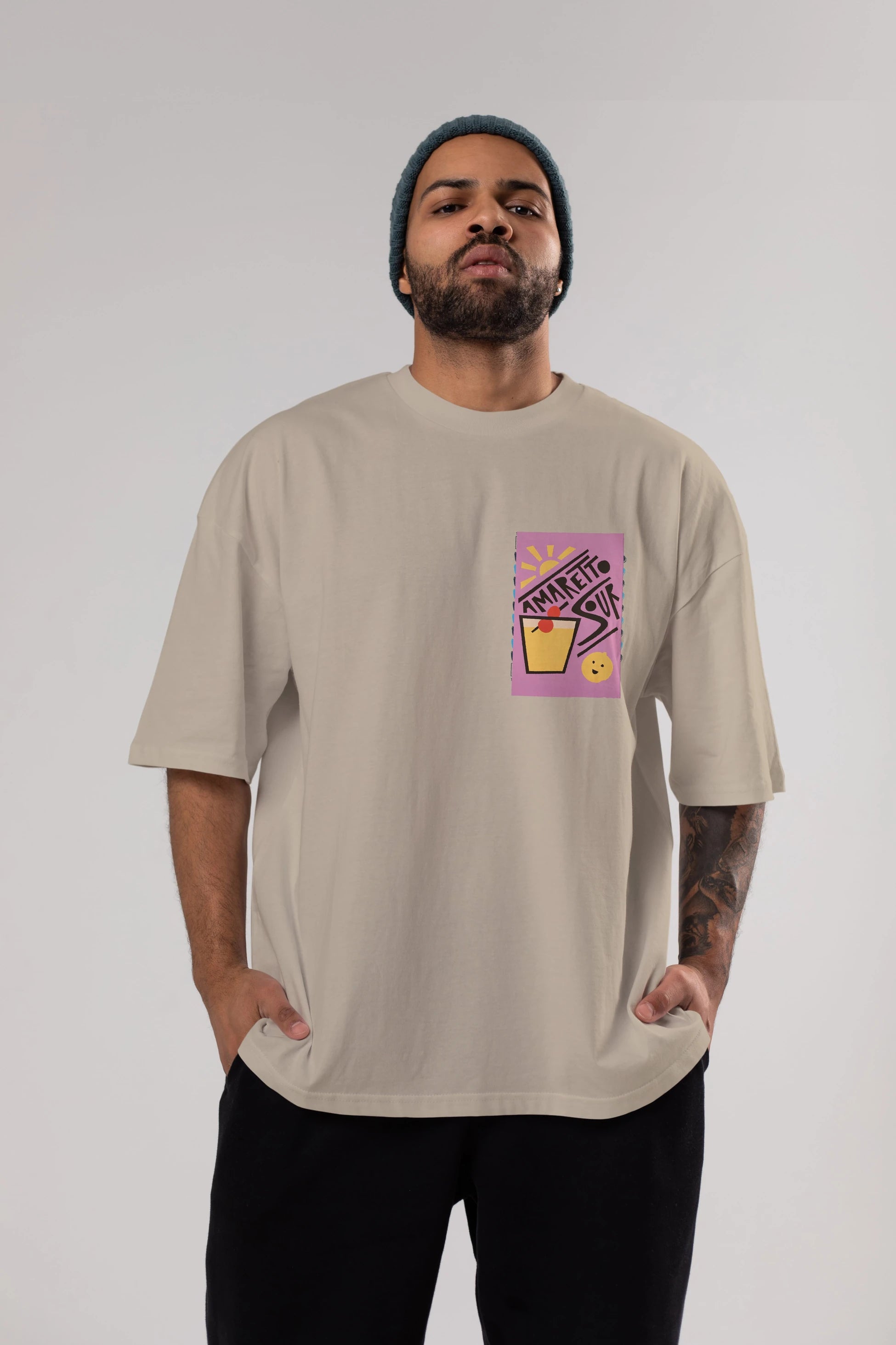 Amaretto Sour Ön Sol Baskılı Oversize t-shirt Erkek Kadın Unisex %100 Pamuk Bisiklet Yaka tişort