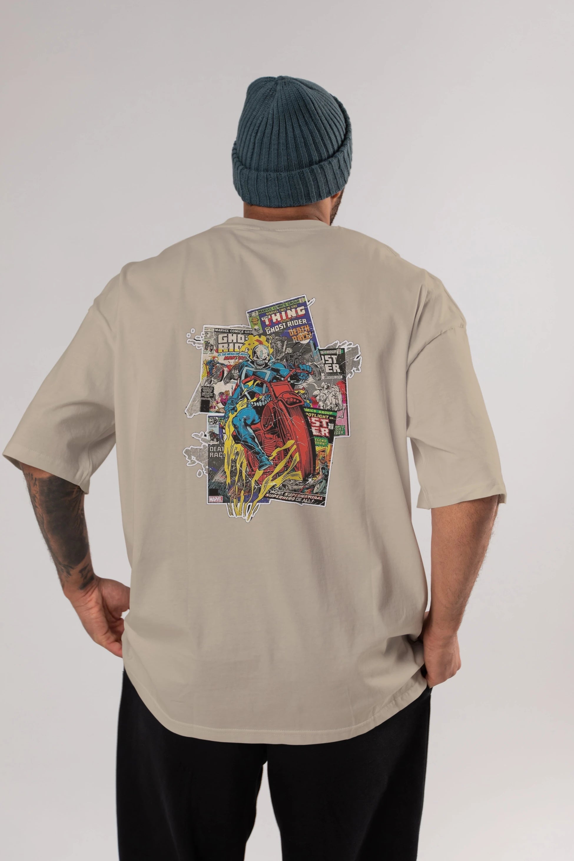 Ghost Rider Arka Baskılı Oversize t-shirt Erkek Kadın Unisex %100 Pamuk Bisiklet Yaka tişort