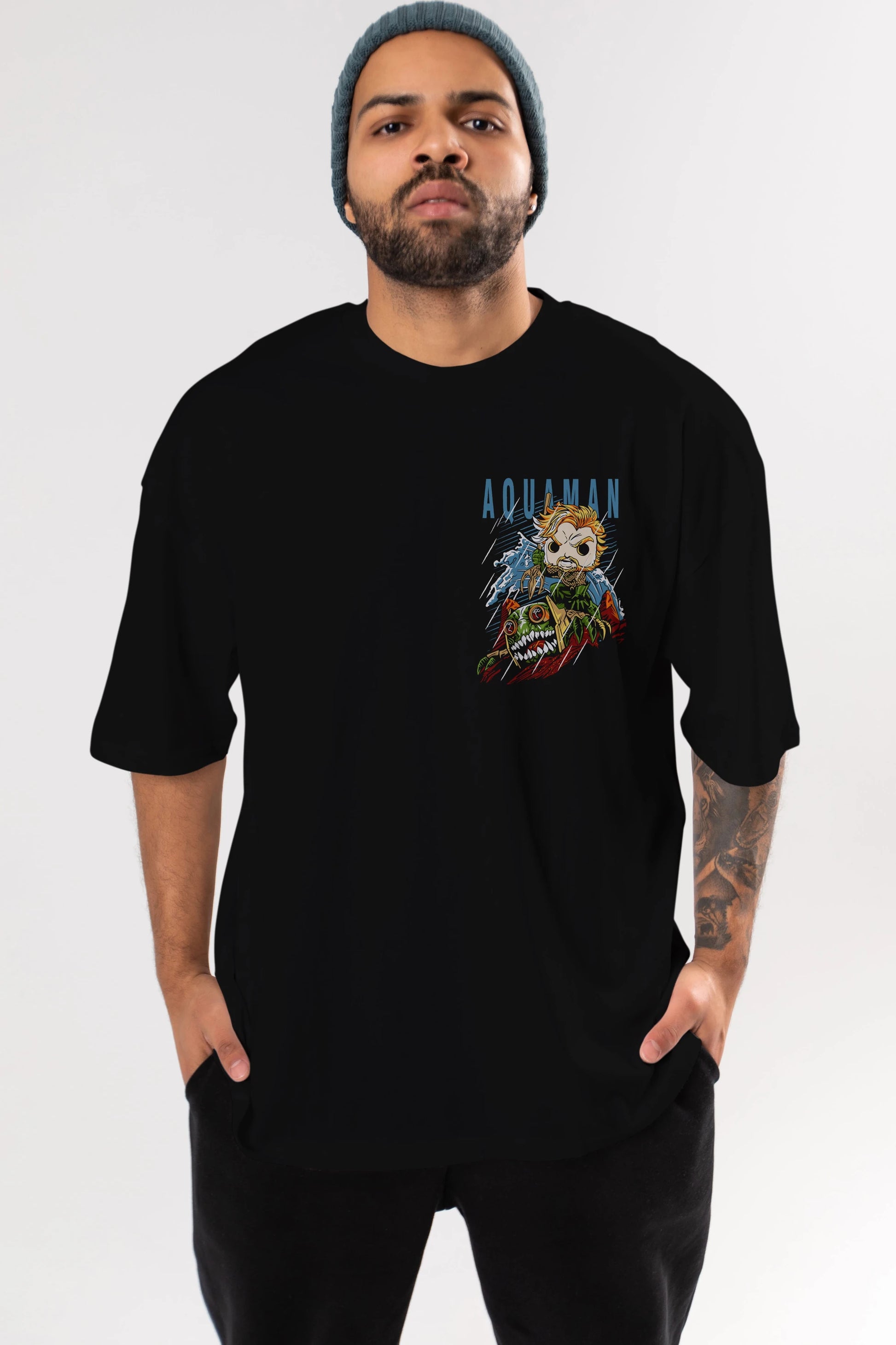 Aquaman Ön Sol Baskılı Oversize t-shirt Erkek Kadın Unisex %100 Pamuk Bisiklet Yaka tişort