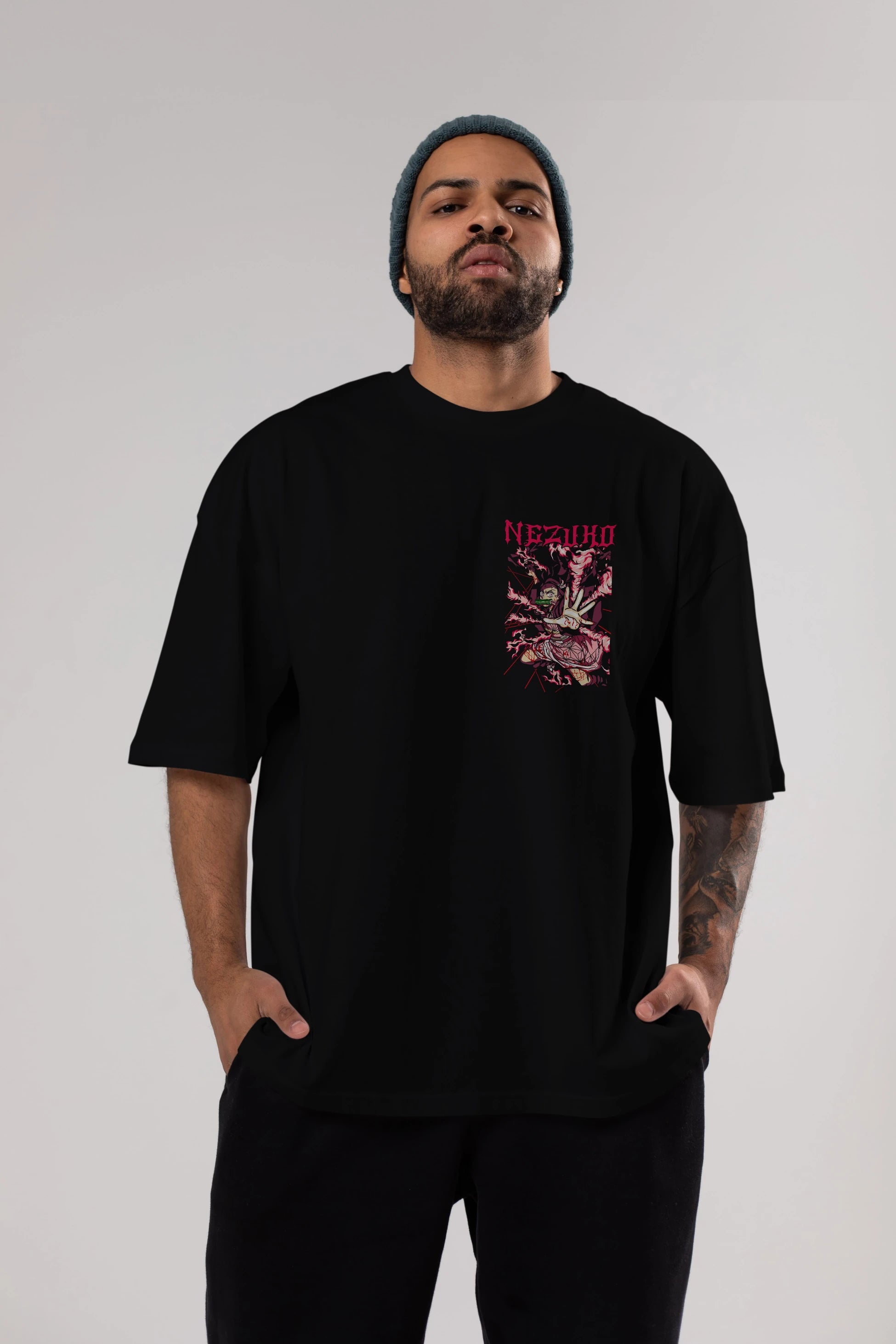 NEZUKO KAMADO Ön Sol Baskılı Oversize t-shirt Erkek Kadın Unisex %100 Pamuk Bisiklet Yaka tişort