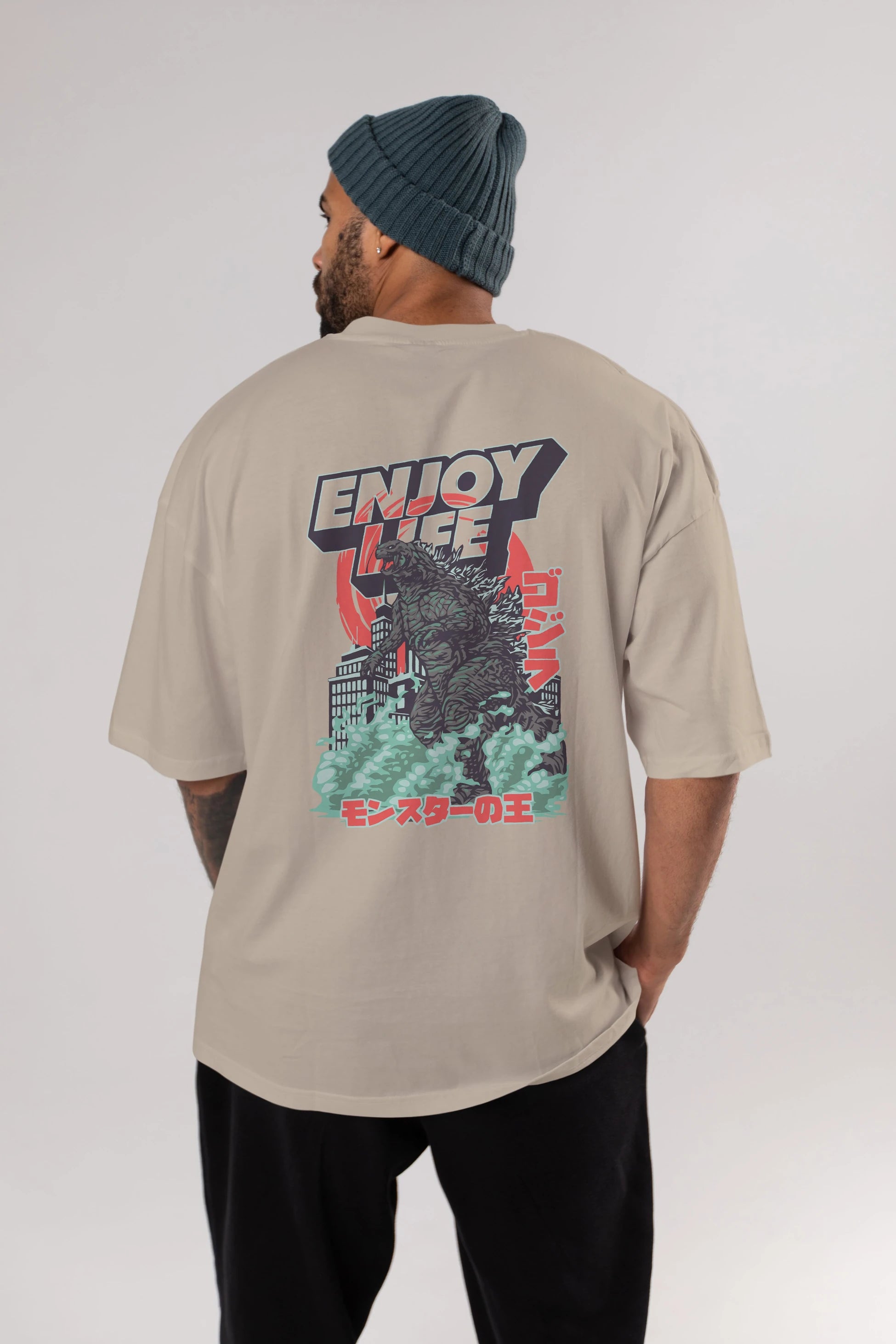 Godzilla Arka Baskılı Oversize t-shirt Erkek Kadın Unisex %100 Pamuk Bisiklet Yaka tişort