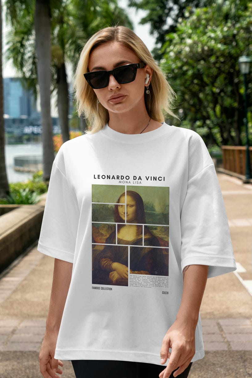 Leonardo Da Vinci Mona Lisa ön Baskılı Oversize t-shirt Erkek Kadın Bisiklet Yaka Pamuk tişort