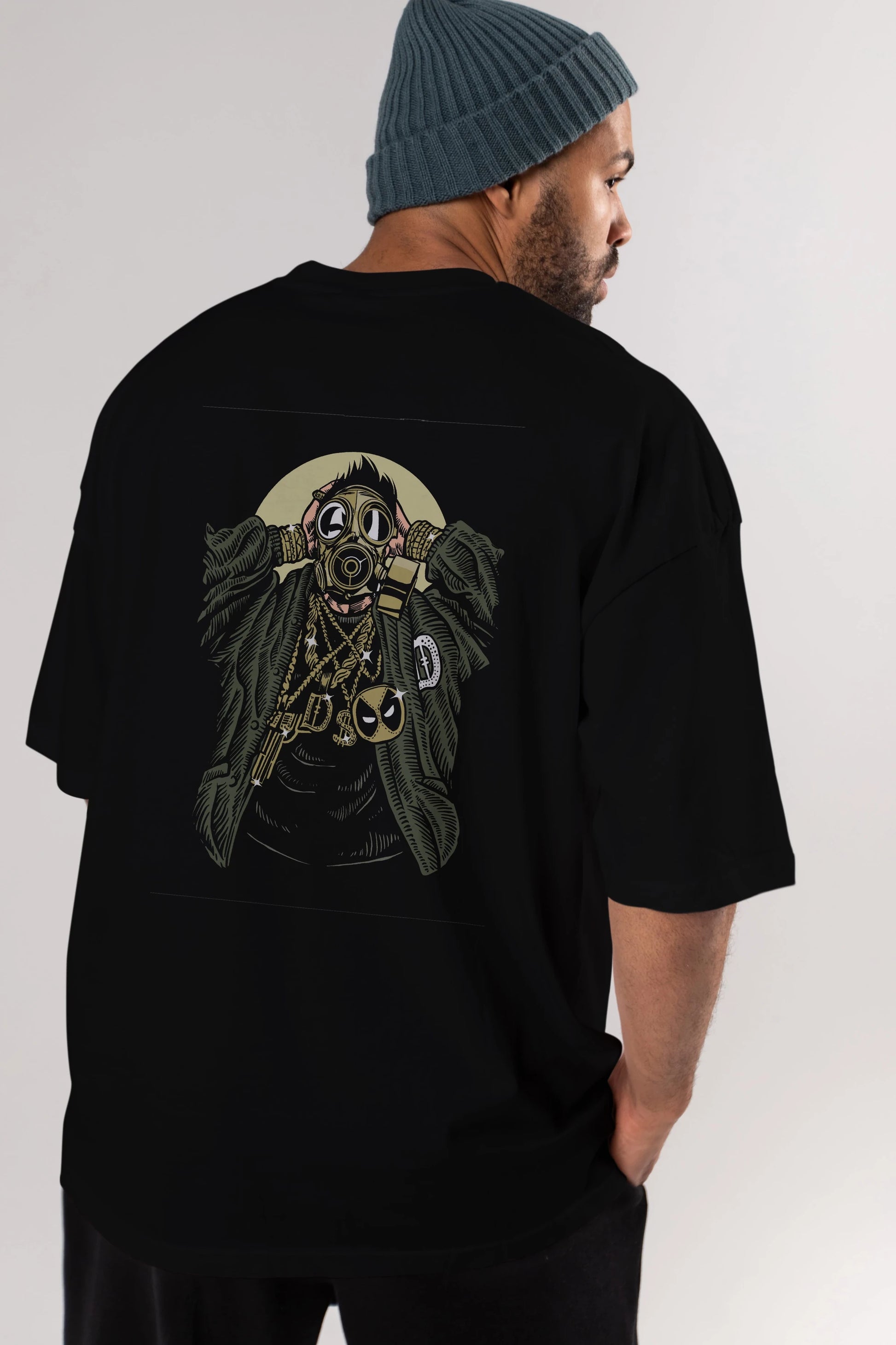 Gasmask Gangsta Arka Baskılı Oversize t-shirt Erkek Kadın Unisex %100 Pamuk