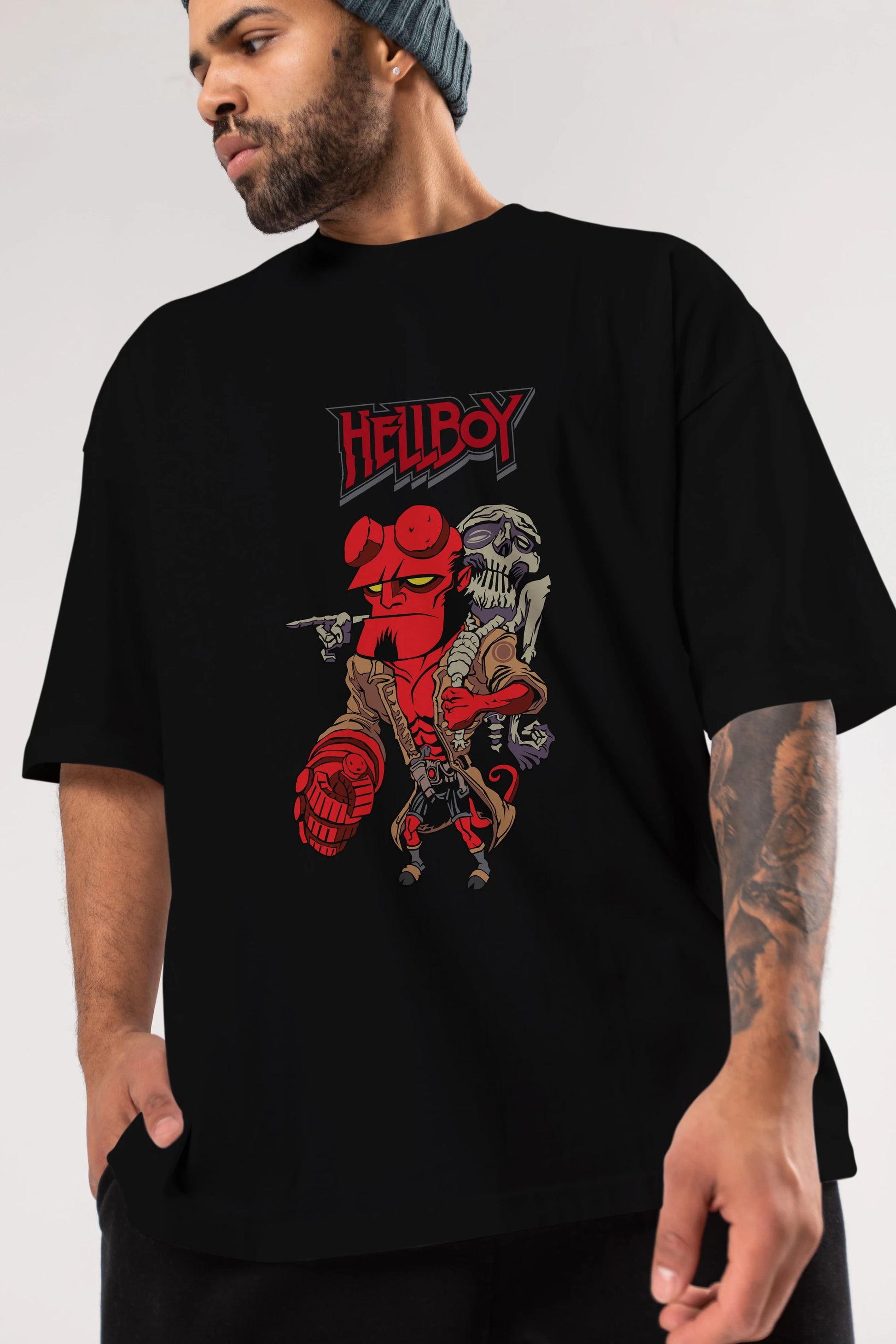 Hellboy (2) Ön Baskılı Oversize t-shirt Erkek Kadın Unisex %100 Pamuk Bisiklet Yaka tişort