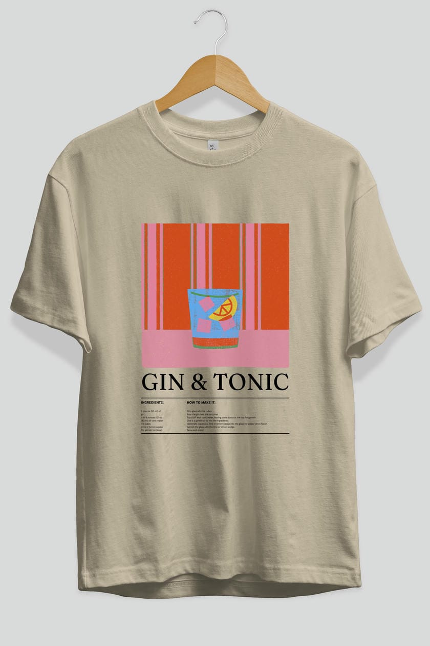 Gin tonic Kokteyl Ön Baskılı Oversize t-shirt Erkek Kadın %100 Pamuk Bisiklet Yaka tişort