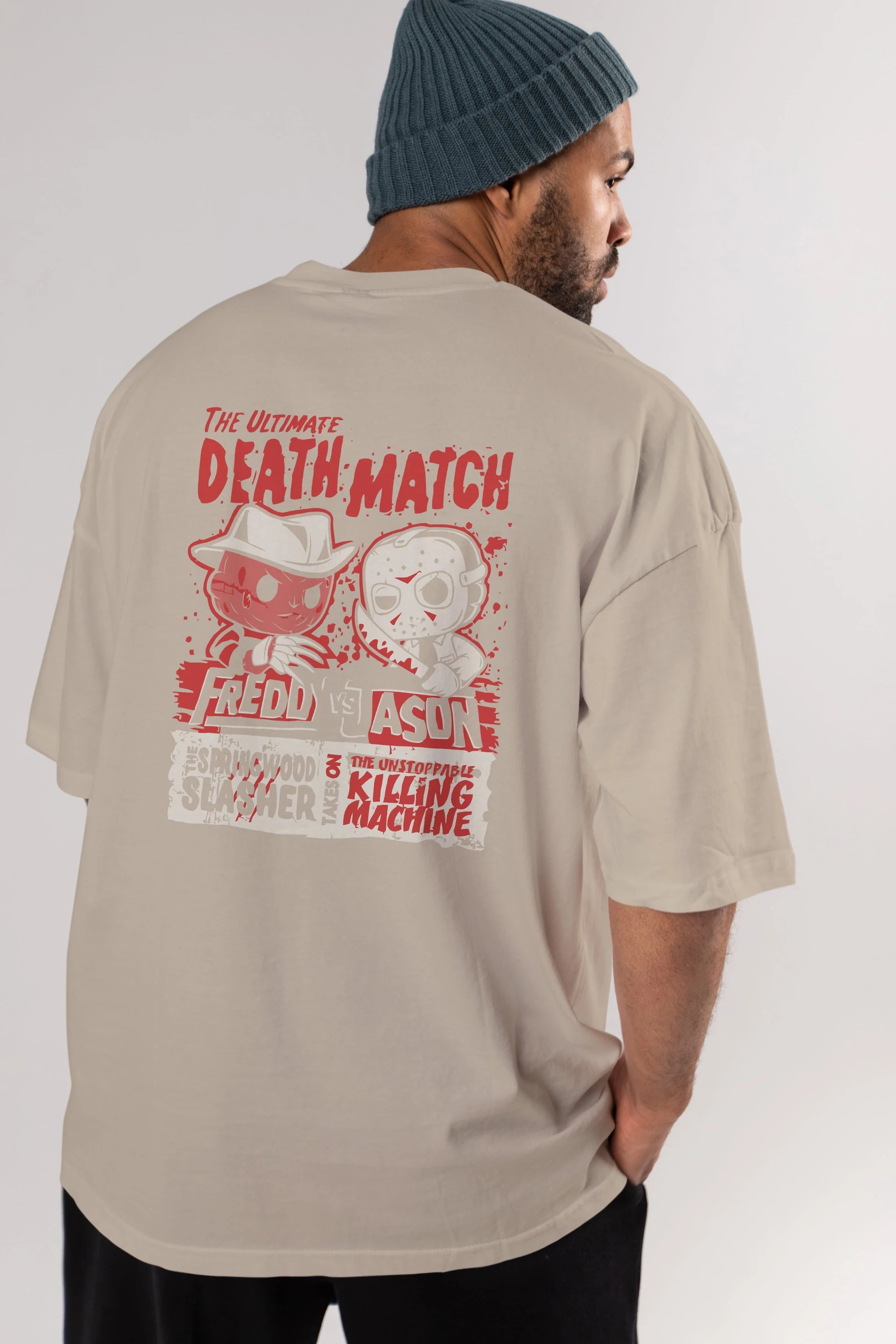 Freddy vs Jason Arka Baskılı Oversize t-shirt Erkek Kadın Unisex %100 Pamuk Bisiklet Yaka tişort