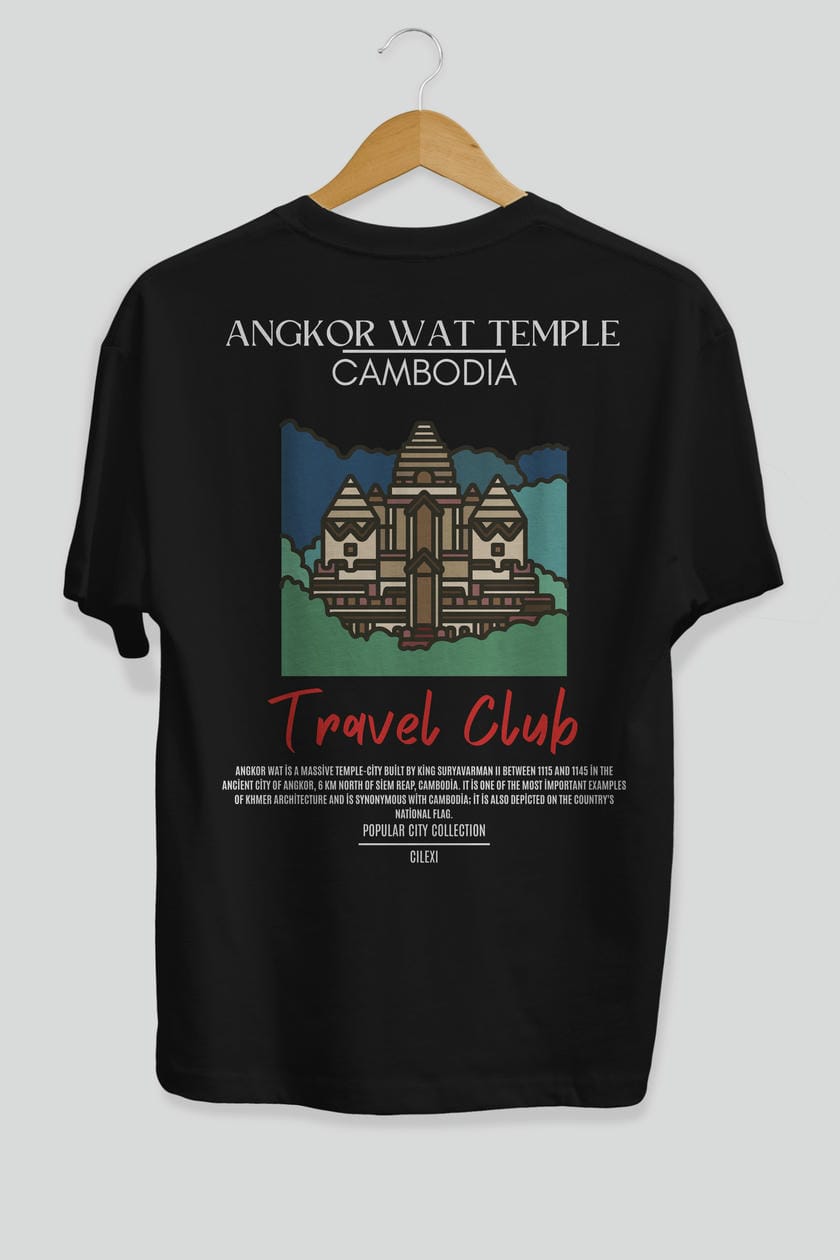 Angkor Wat Temple Cambodia Arka Baskılı Oversize t-shirt Erkek Kadın Pamuk Bisiklet Yaka tişort