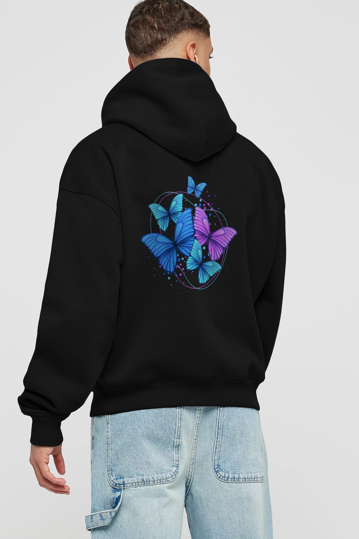 Kelebek Arka Baskılı Oversize Hoodie Kapüşonlu Sweatshirt Erkek Kadın Unisex