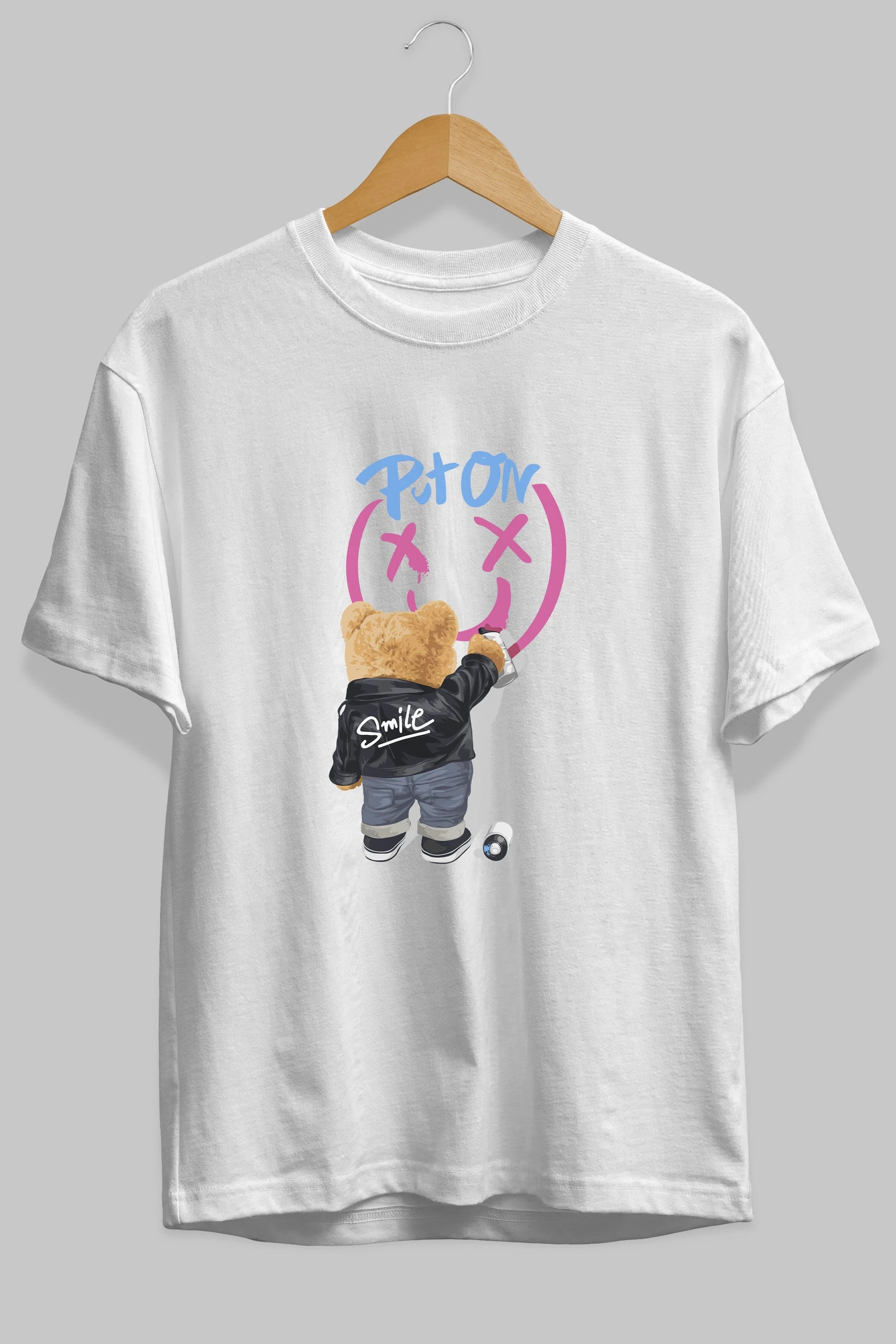 Put on Smile Bear Ön Baskılı Oversize t-shirt Erkek Kadın Unisex