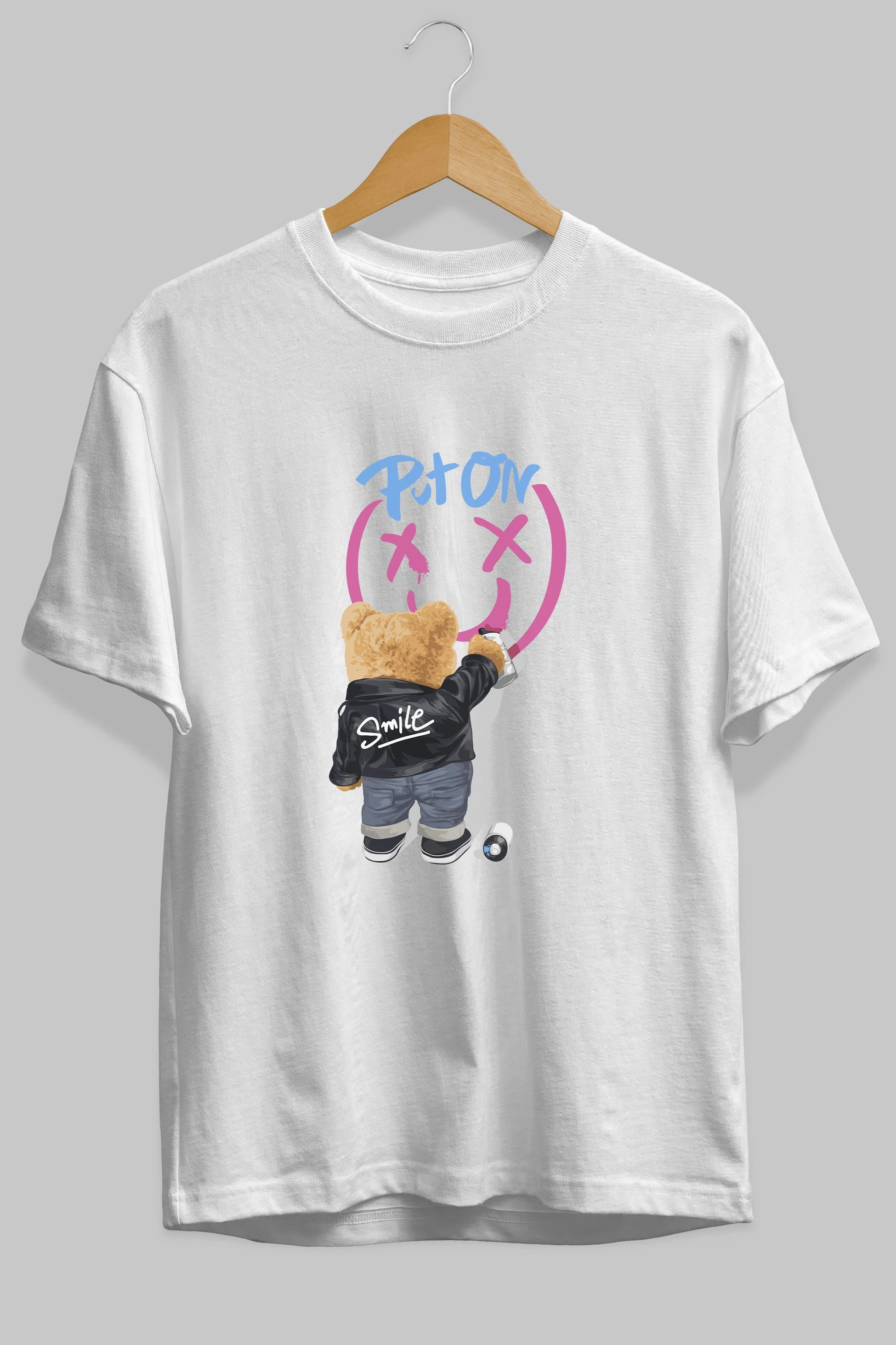 Put on Smile Bear Ön Baskılı Oversize t-shirt Erkek Kadın Unisex