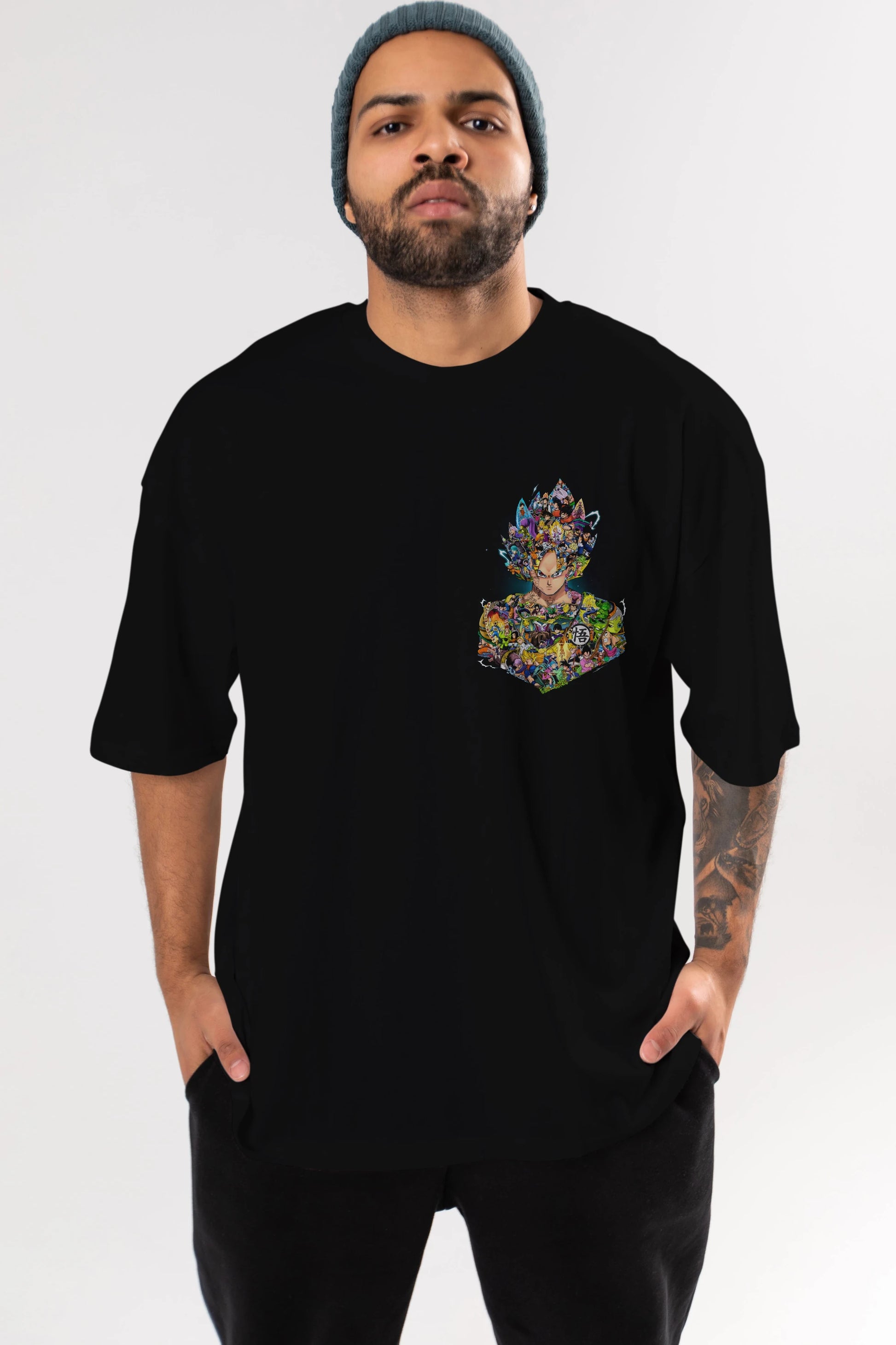 DRAGON BALL ART Ön Sol Baskılı Oversize t-shirt Erkek Kadın Unisex %100 Pamuk Bisiklet Yaka tişort