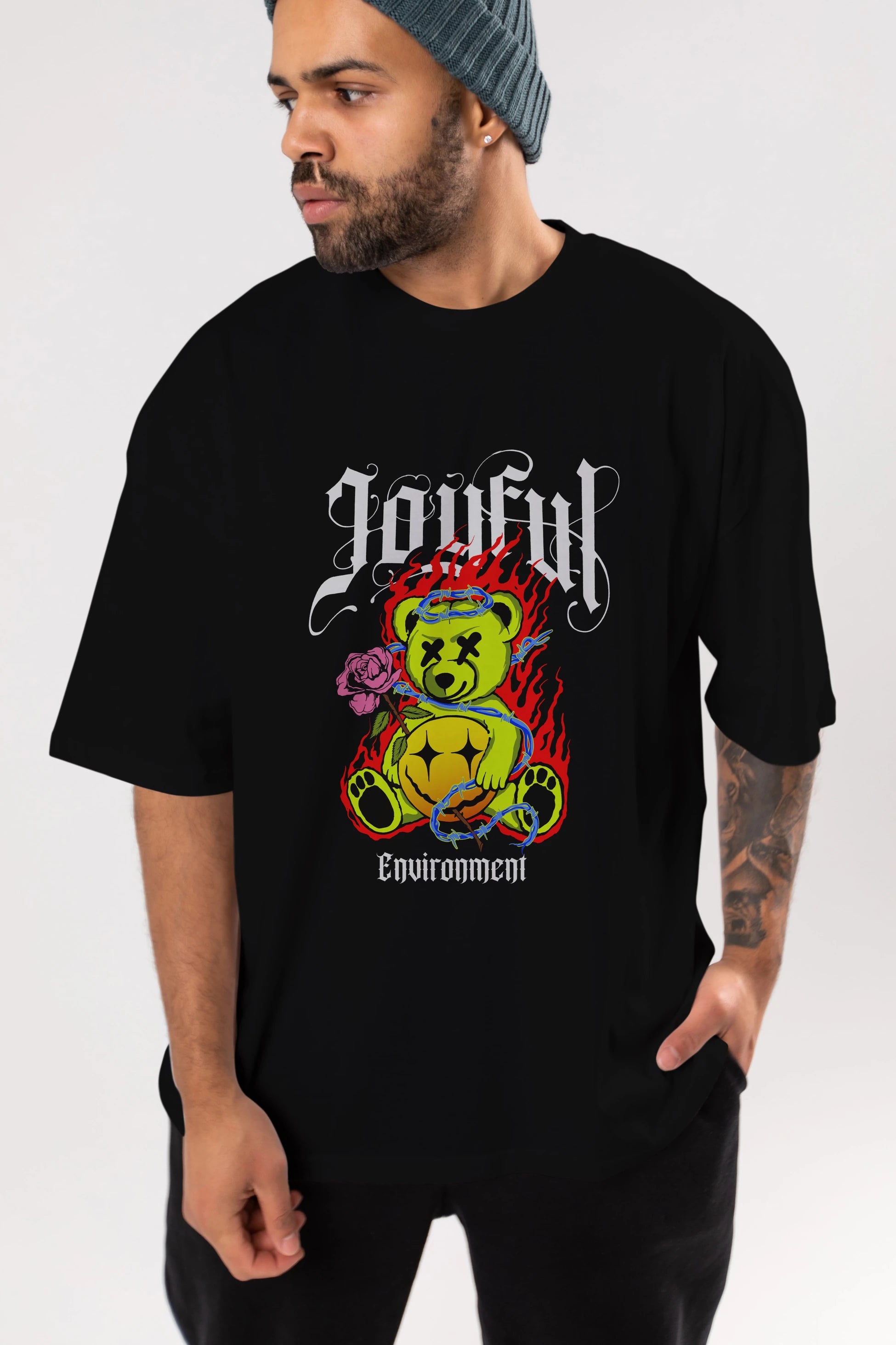 Joyful Bear Ön Baskılı Oversize t-shirt Erkek Kadın Unisex