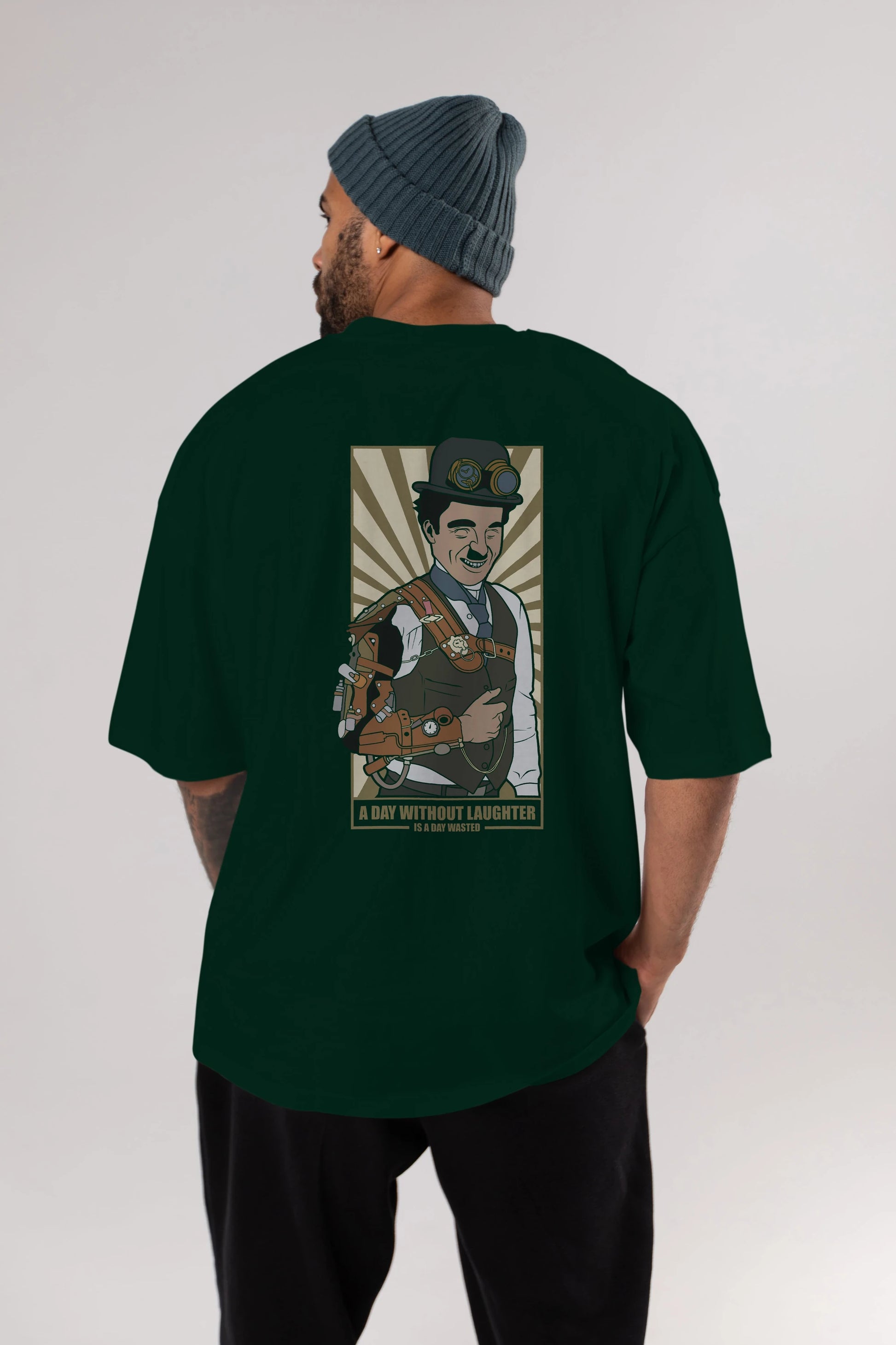 Steampunk Chaplin Arka Baskılı Oversize t-shirt Erkek Kadın Unisex %100 Pamuk tişort