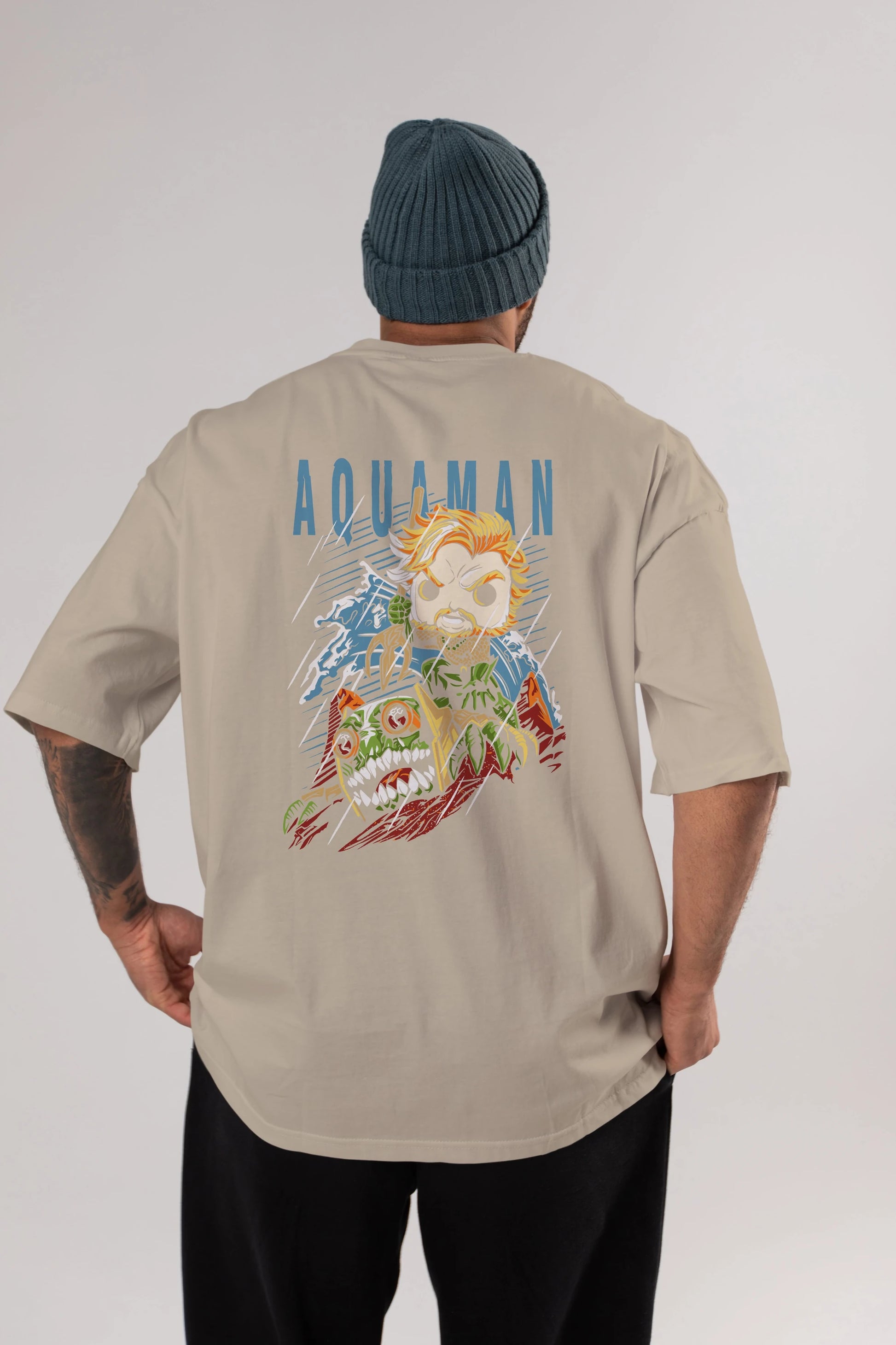 Aquaman Arka Baskılı Oversize t-shirt Erkek Kadın Unisex %100 Pamuk Bisiklet Yaka tişort