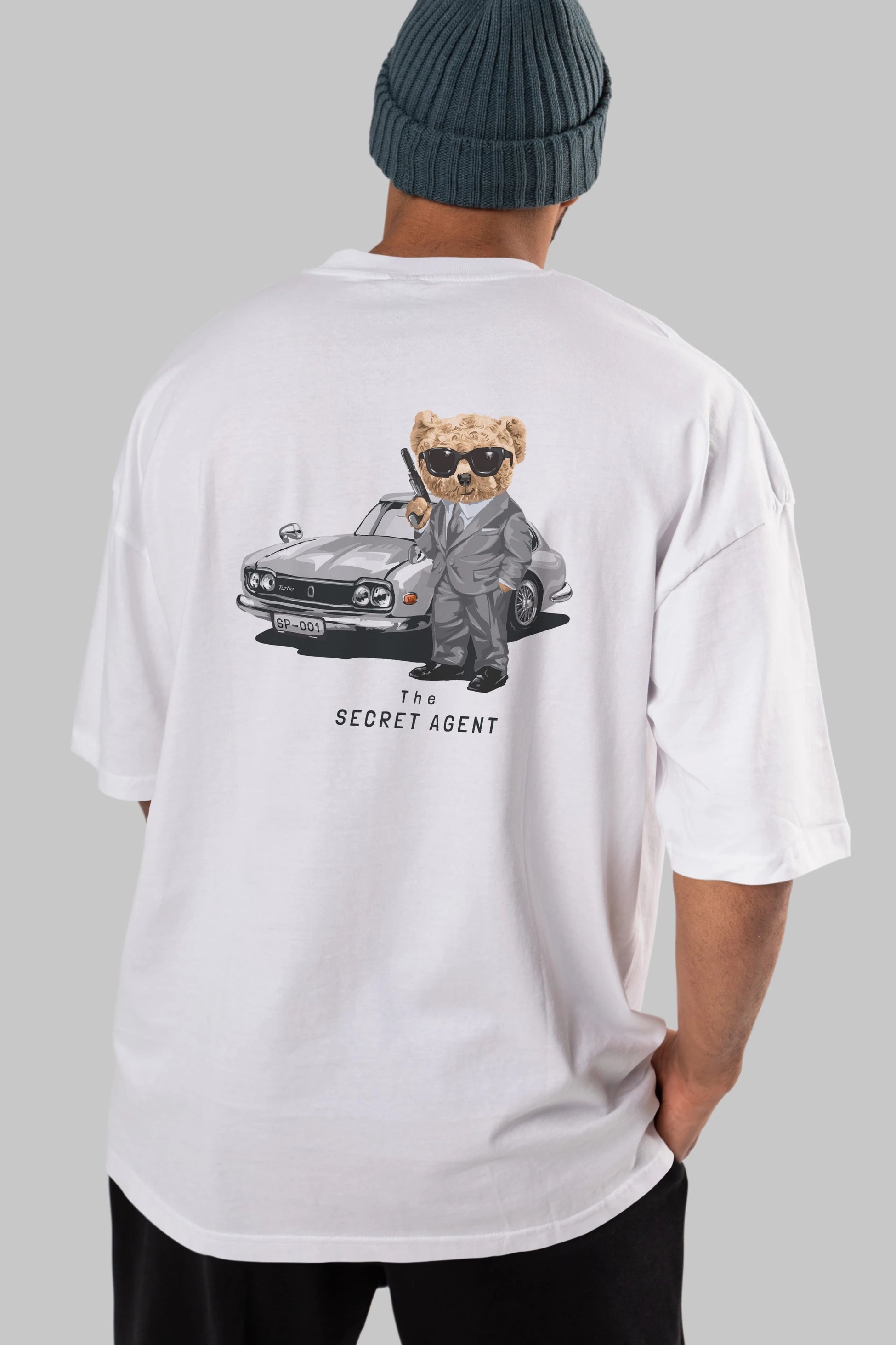Teddy Bear The Secret Agent Arka Baskılı Oversize t-shirt Erkek Kadın Unisex %100 Pamuk