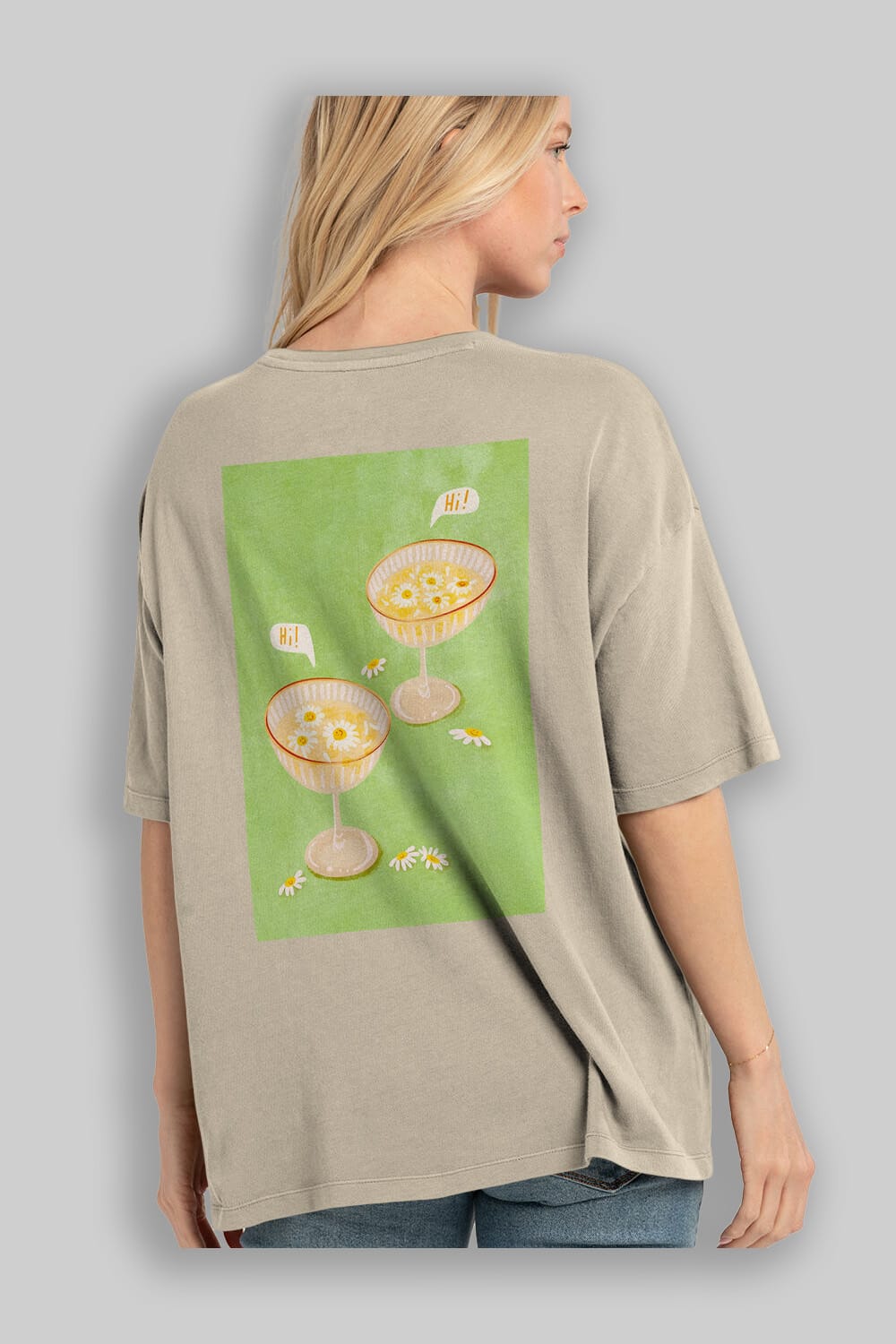 Hi Cheers Arka Baskılı Oversize t-shirt Erkek Kadın Unisex %100 Pamuk Bisiklet Yaka tişort