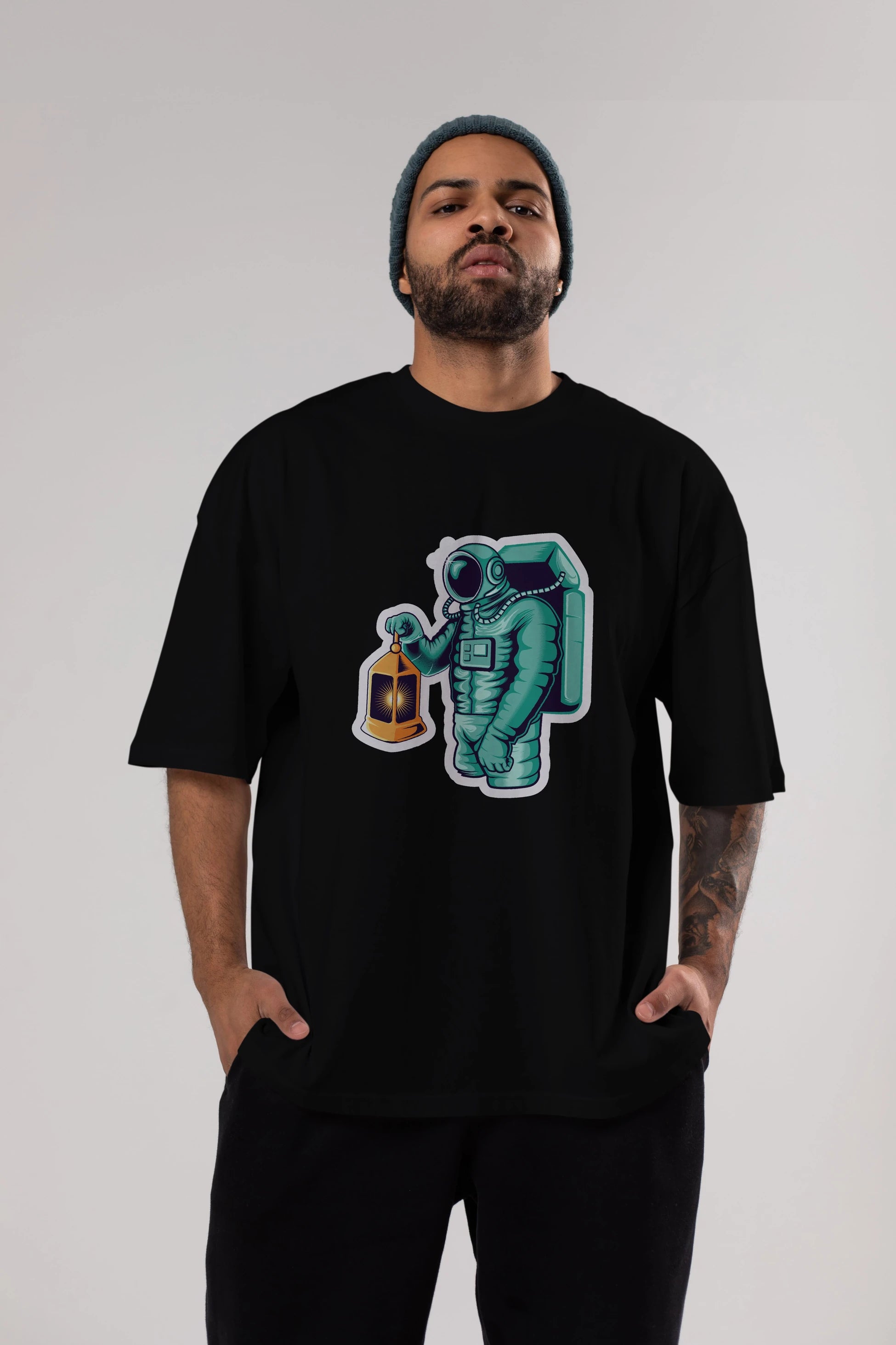 Astronaut Lantern Sticker Ön Baskılı Oversize t-shirt Erkek Kadın Unisex