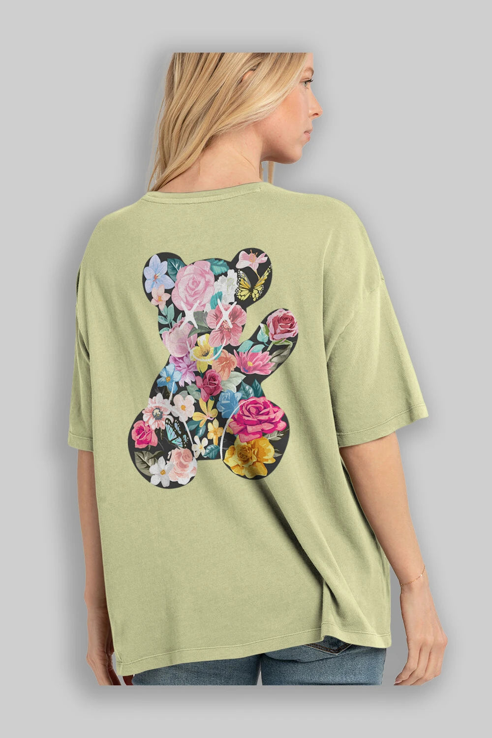 Flowers Bear Arka Baskılı Oversize t-shirt Erkek Kadın Unisex