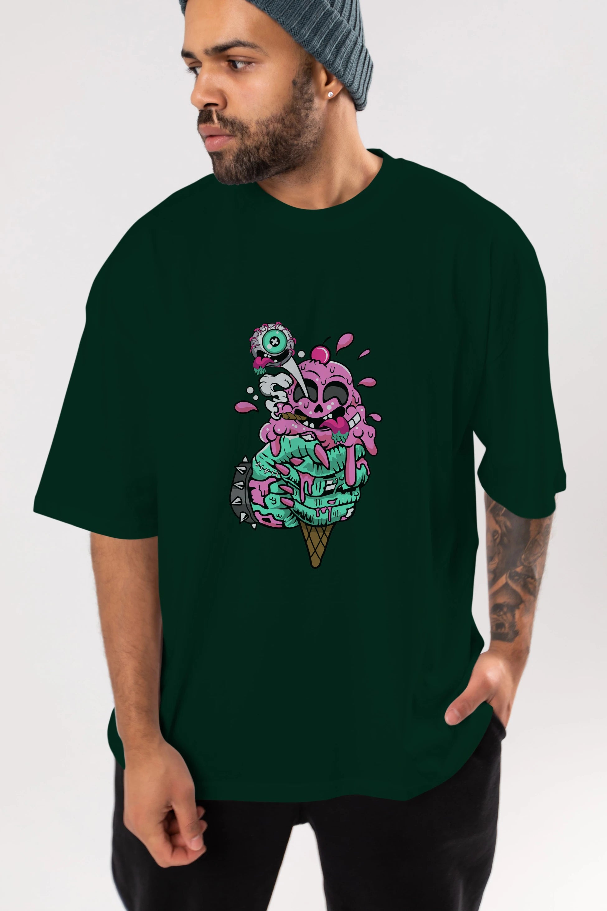 Ice Cream Zombie Ön Baskılı Oversize t-shirt Erkek Kadın Unisex %100 Pamuk tişort