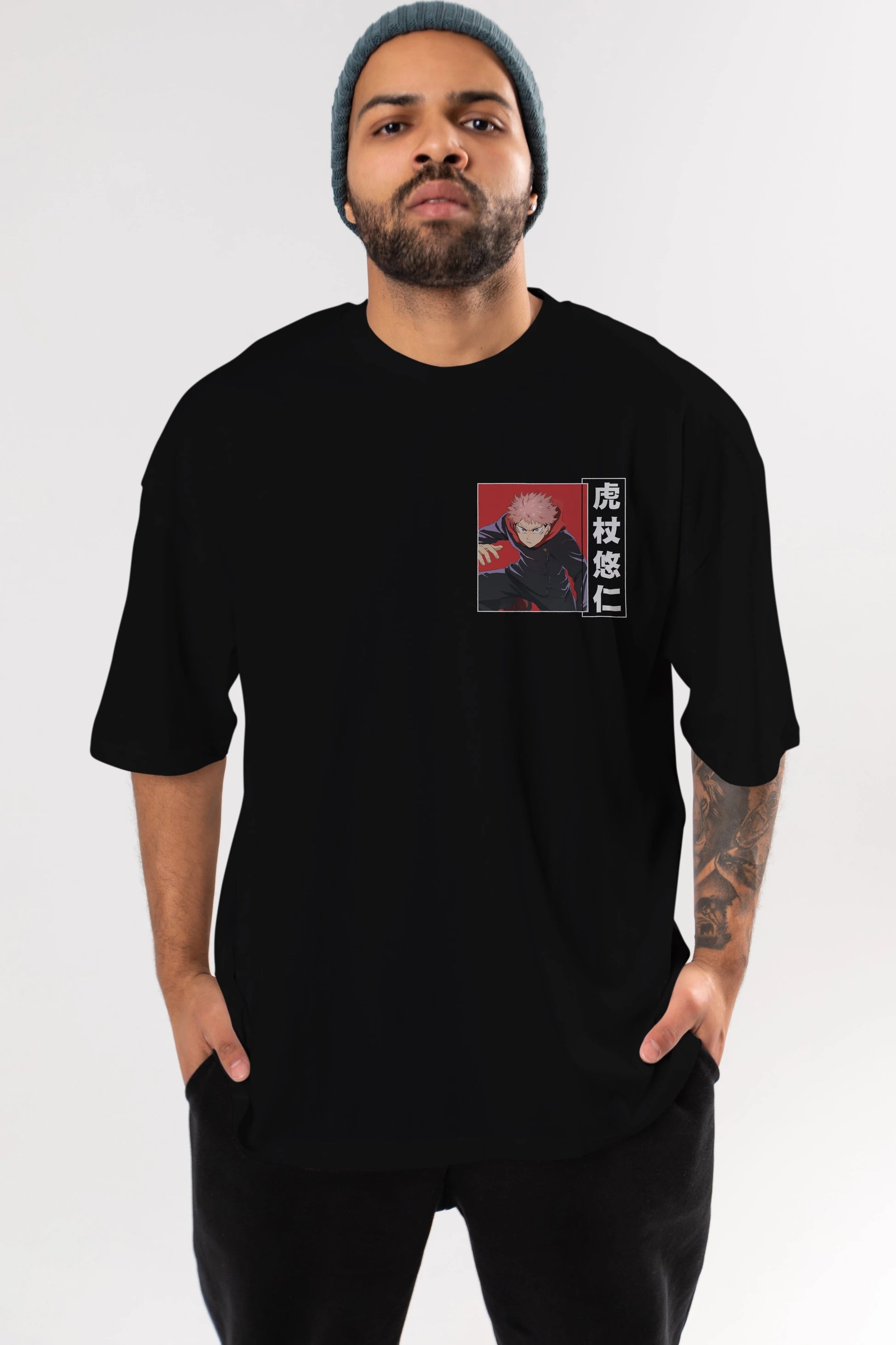 Yuuji Itadori 2 Ön Sol Baskılı Oversize t-shirt Erkek Kadın Unisex %100 Pamuk Bisiklet Yaka tişort