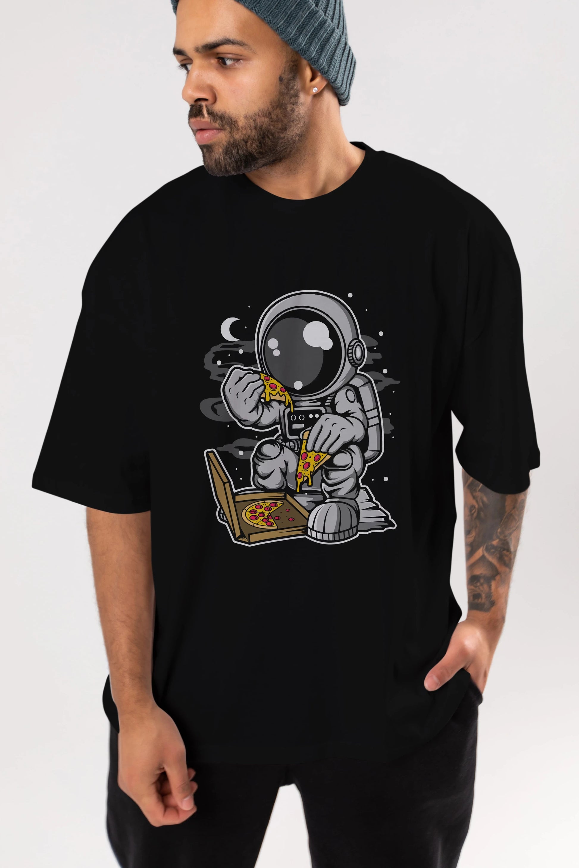 Astronaut Pizza Ön Baskılı Oversize t-shirt Erkek Kadın Unisex