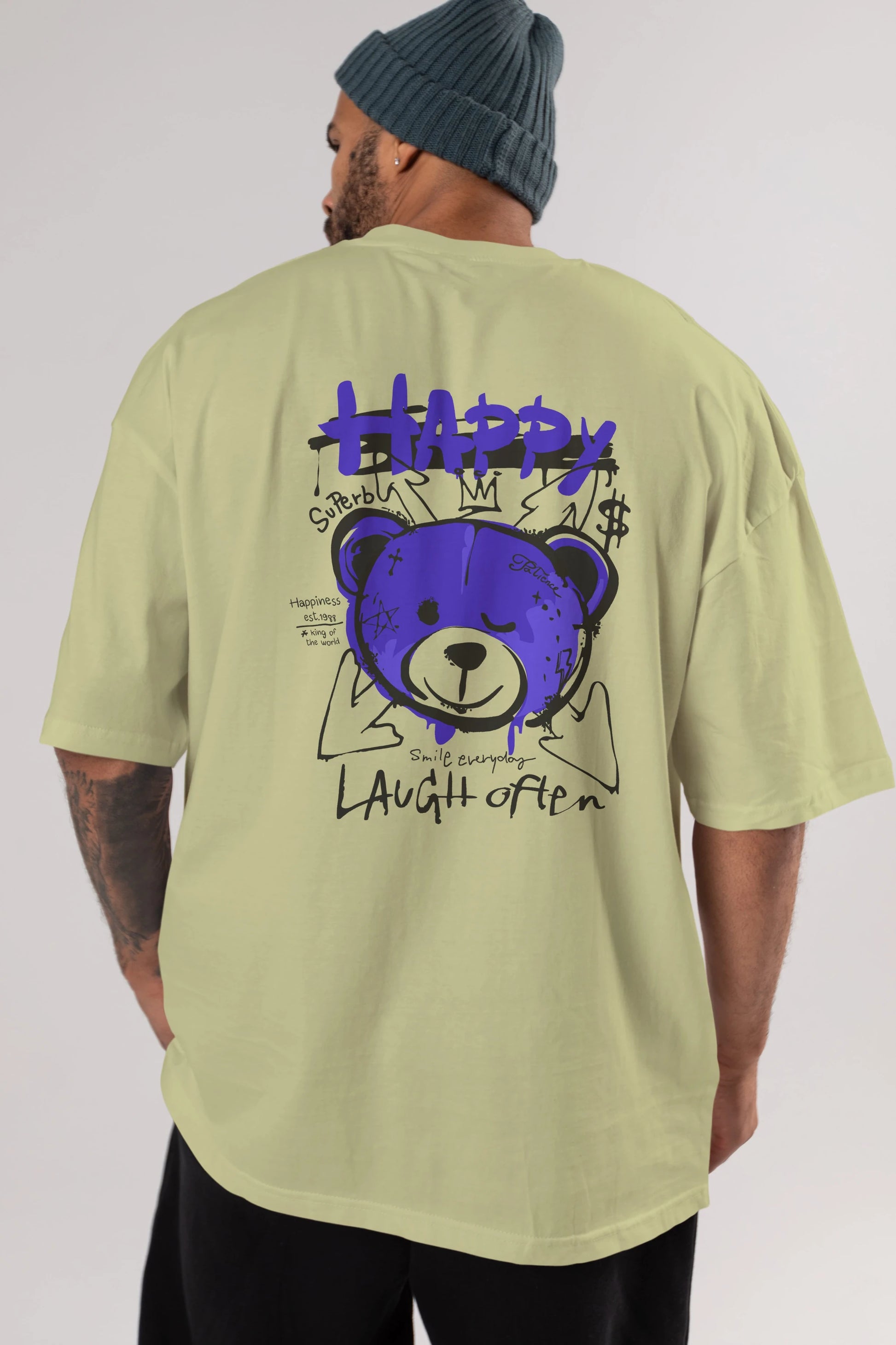 Happy Bear Arka Baskılı Oversize t-shirt Erkek Kadın Unisex
