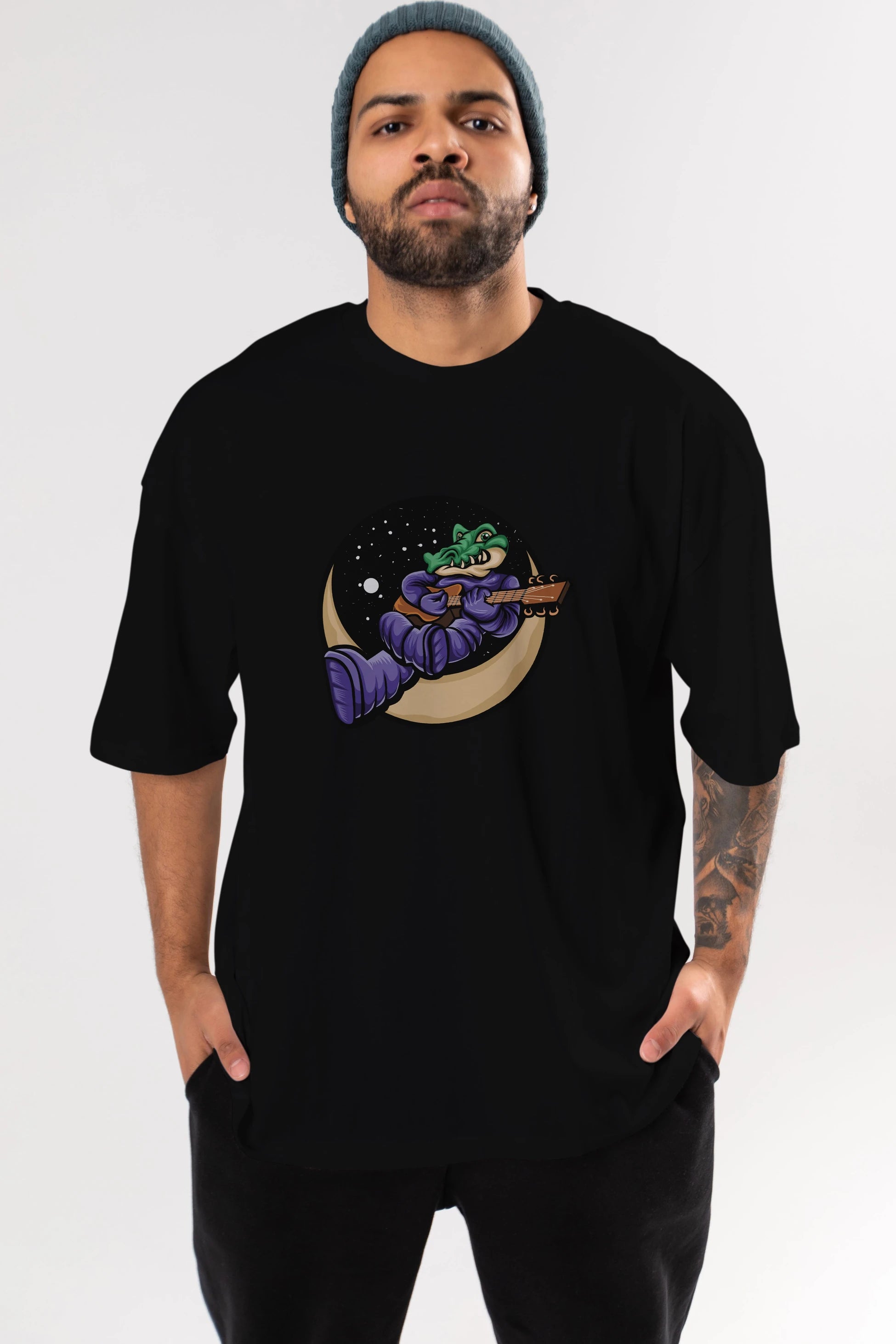 Space Crocodile Ön Baskılı Oversize t-shirt Erkek Kadın Unisex