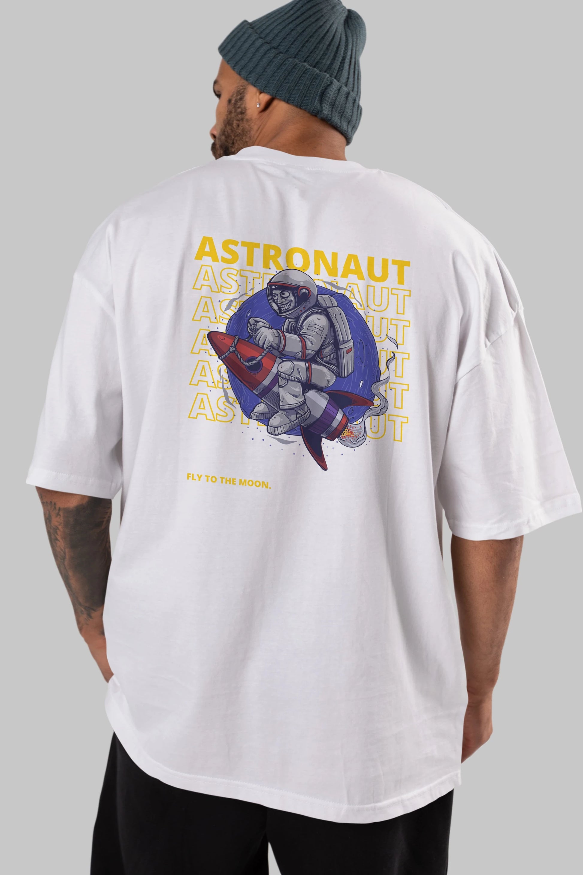 Astronaut Fly to the Moon Yazılı Arka Baskılı Oversize t-shirt Erkek Kadın Unisex