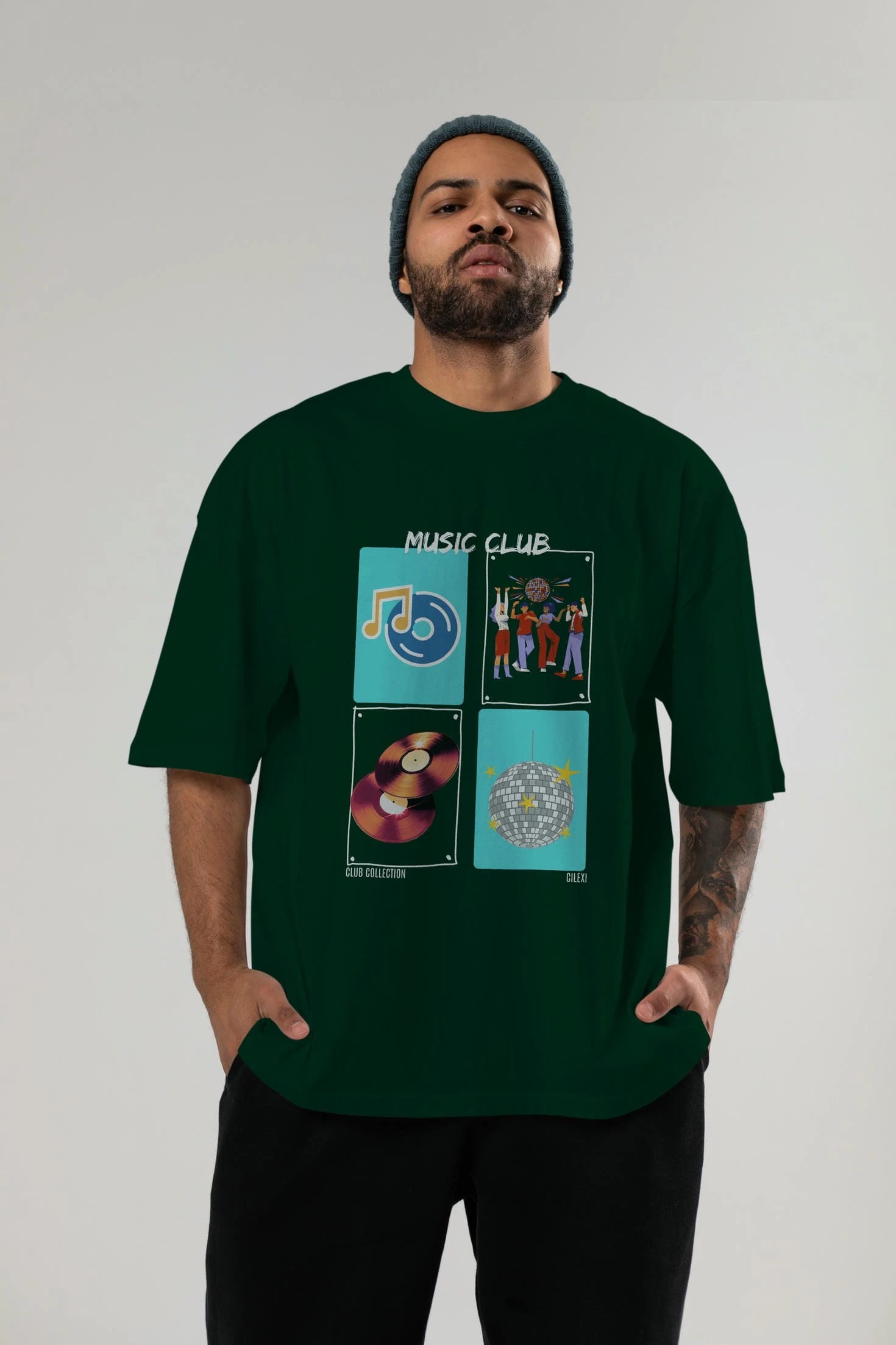 Music Club ön Baskılı Oversize t-shirt Erkek Kadın %100 Pamuk Bisiklet Yaka tişort