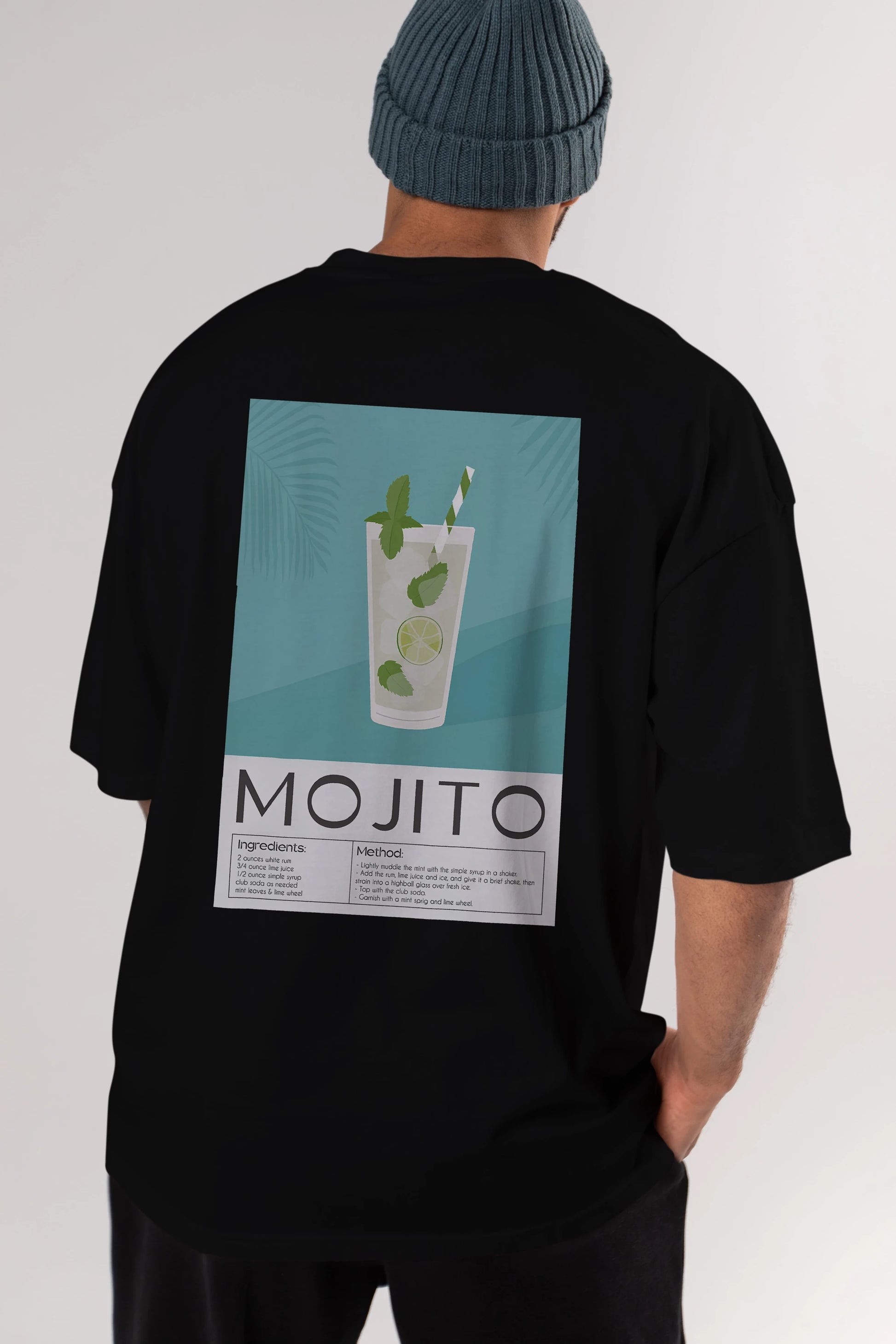 Mojito 4 Arka Baskılı Oversize t-shirt Erkek Kadın Unisex %100 Pamuk Bisiklet Yaka tişort