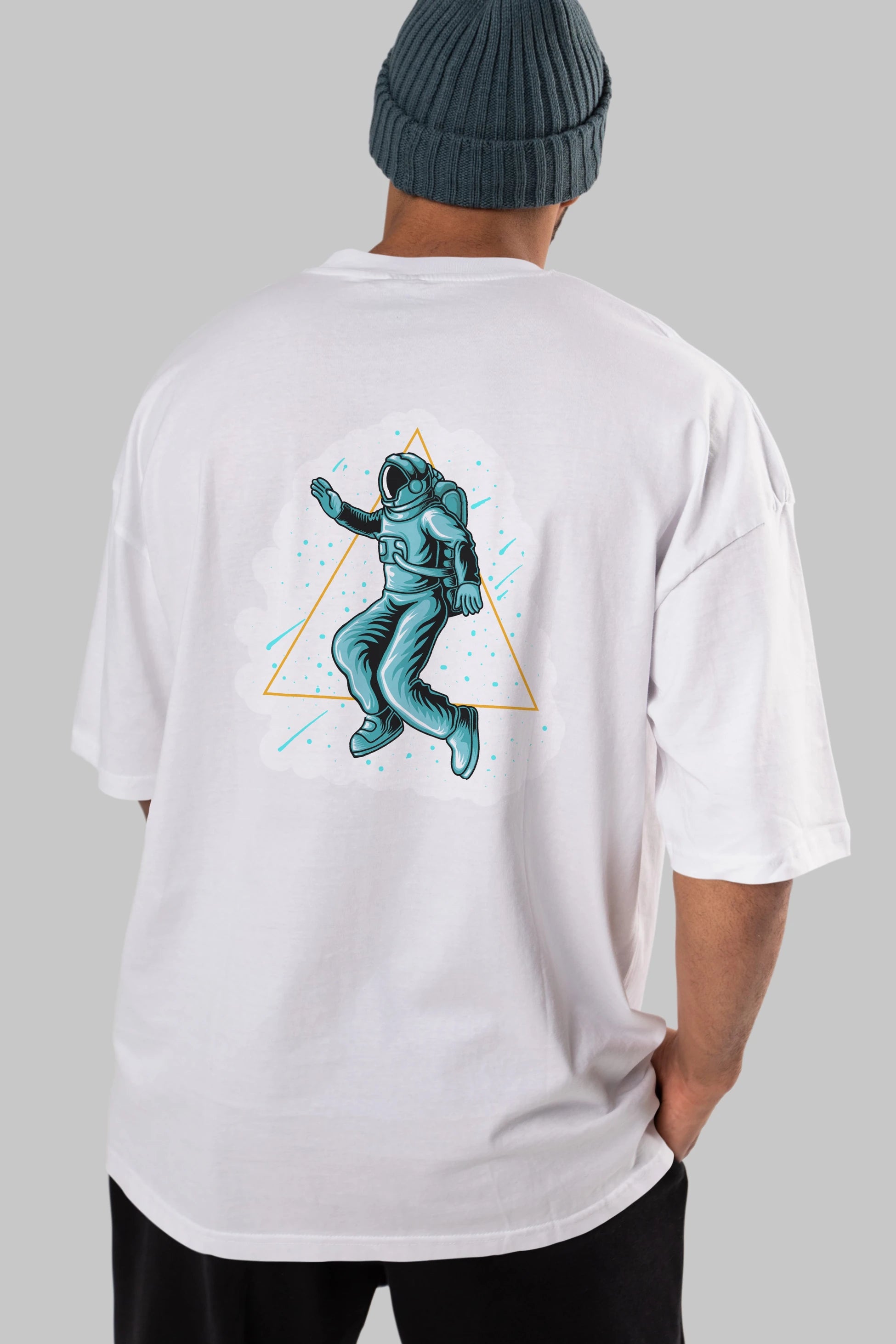 Astronaut Starry Triangle Sticker Arka Baskılı Oversize t-shirt Erkek Kadın Unisex