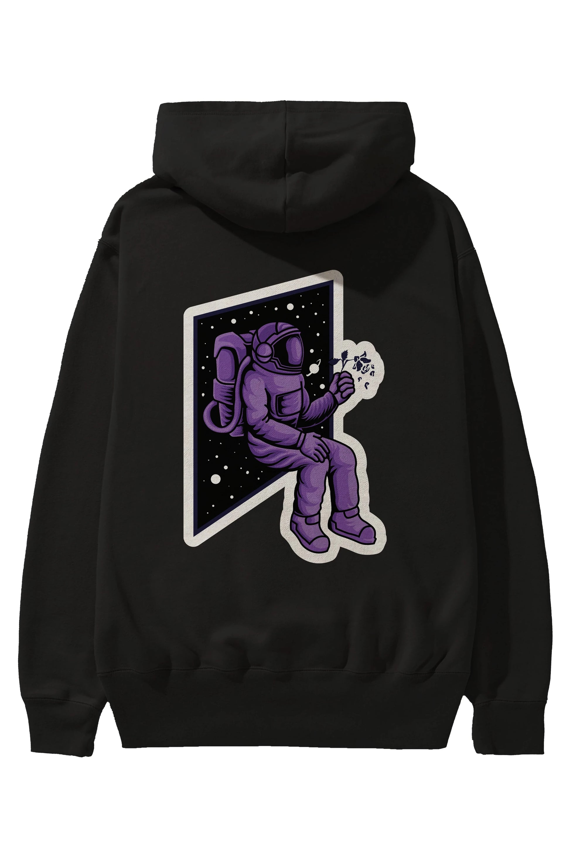 Astronaut holding black rose sticker Arka Baskılı Hoodie Oversize Kapüşonlu Sweatshirt Erkek Kadın Unisex