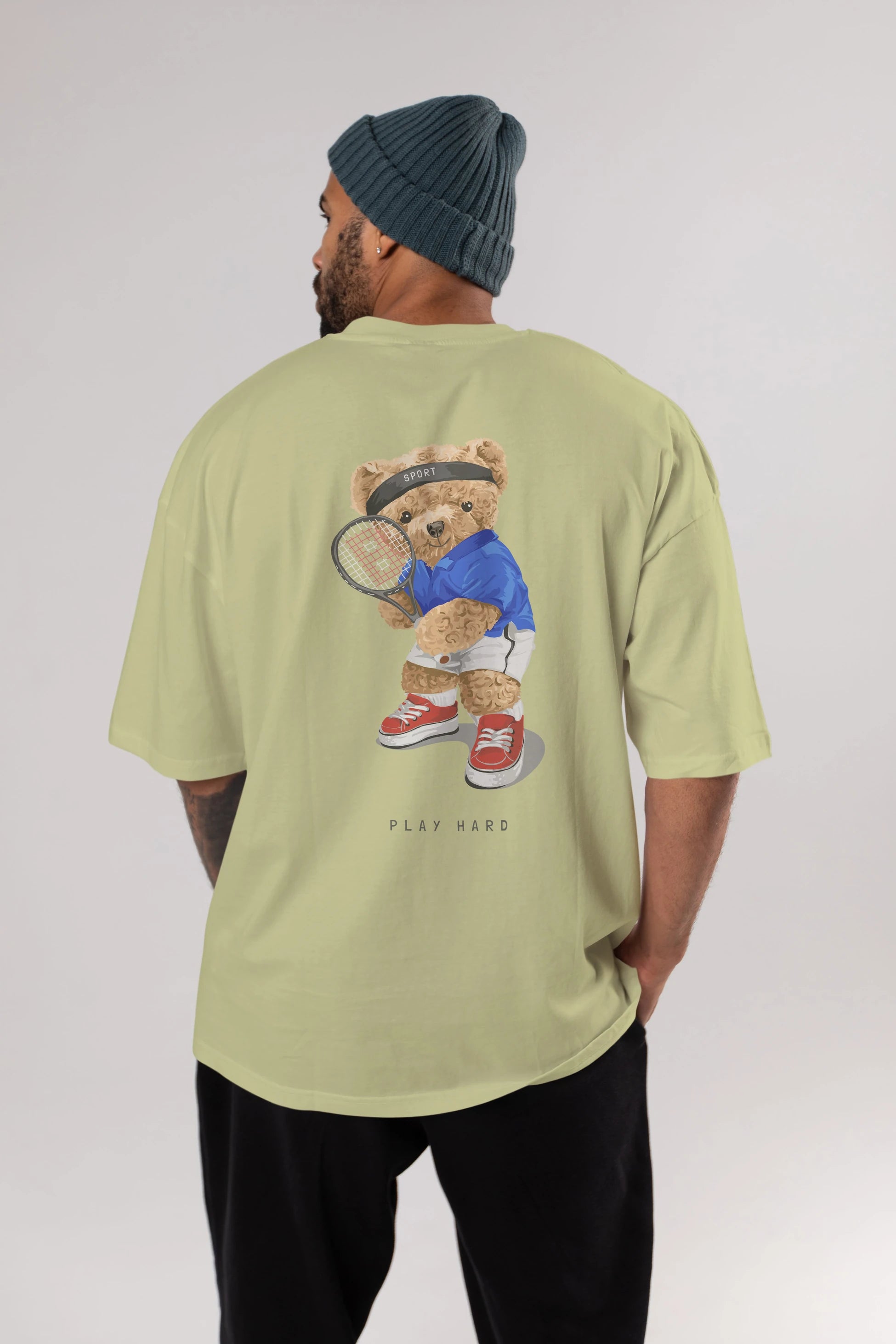 Teddy Bear Play Hard Arka Baskılı Oversize t-shirt Erkek Kadın Unisex %100 Pamuk