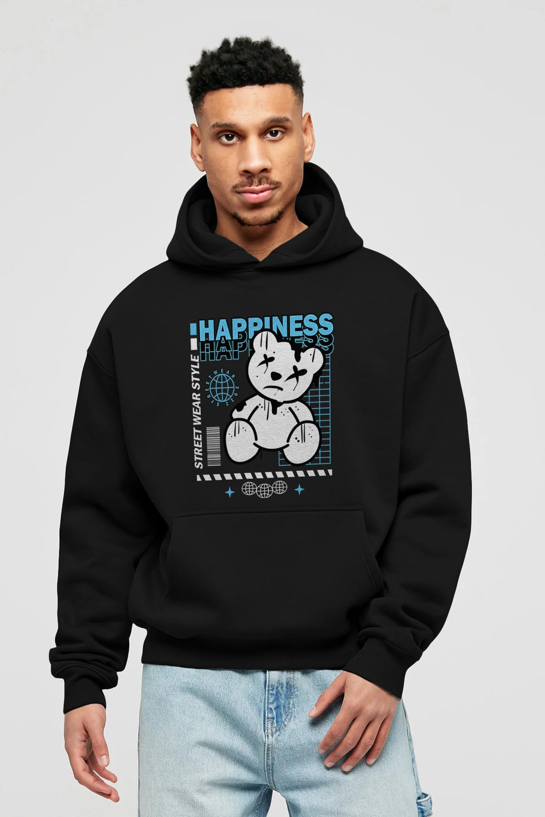 Happiness Bear 2 Ön Baskılı Hoodie Oversize Kapüşonlu Sweatshirt Erkek Kadın Unisex