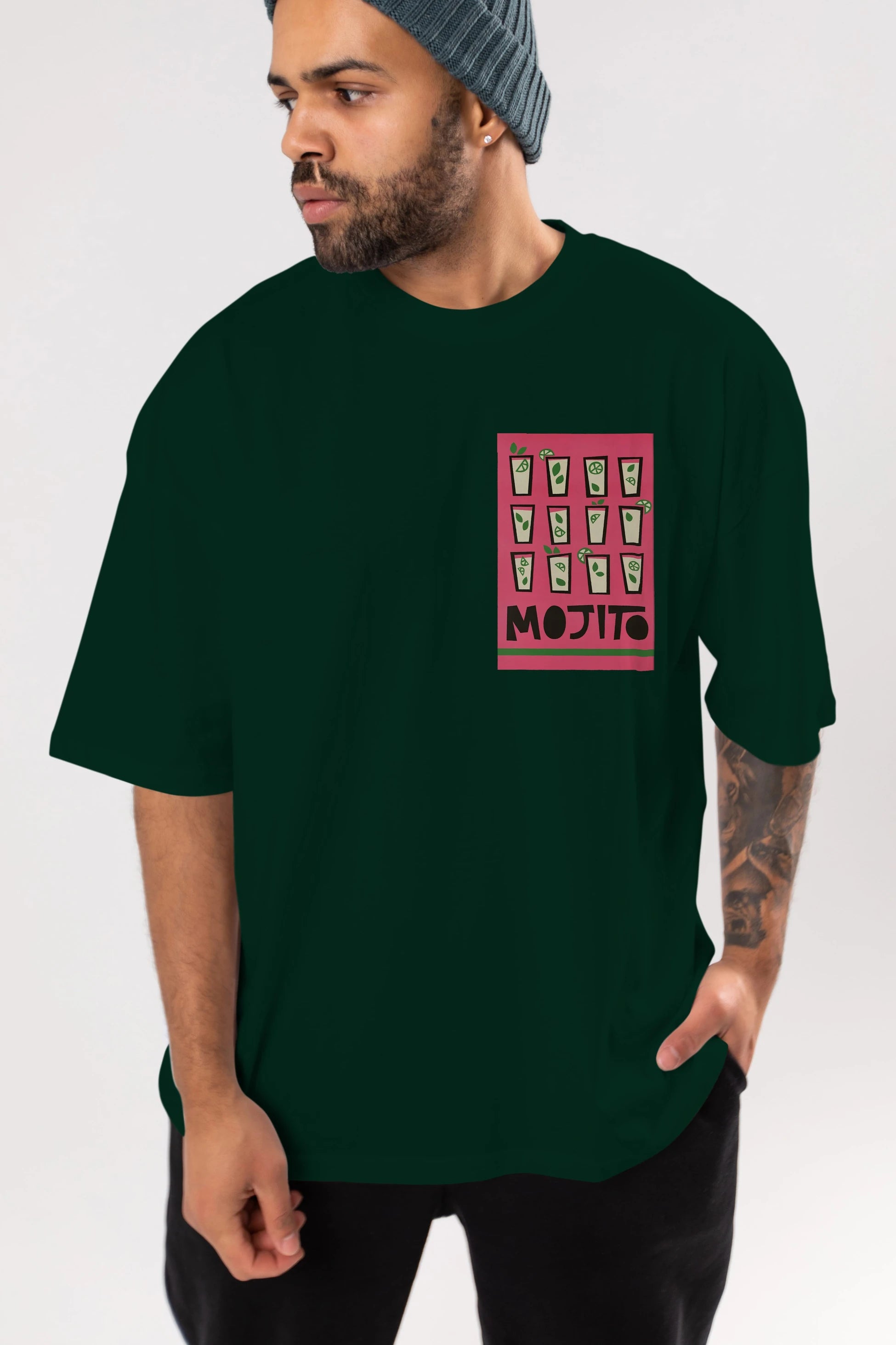 Mojito Ön Sol Baskılı Oversize t-shirt Erkek Kadın Unisex %100 Pamuk Bisiklet Yaka tişort