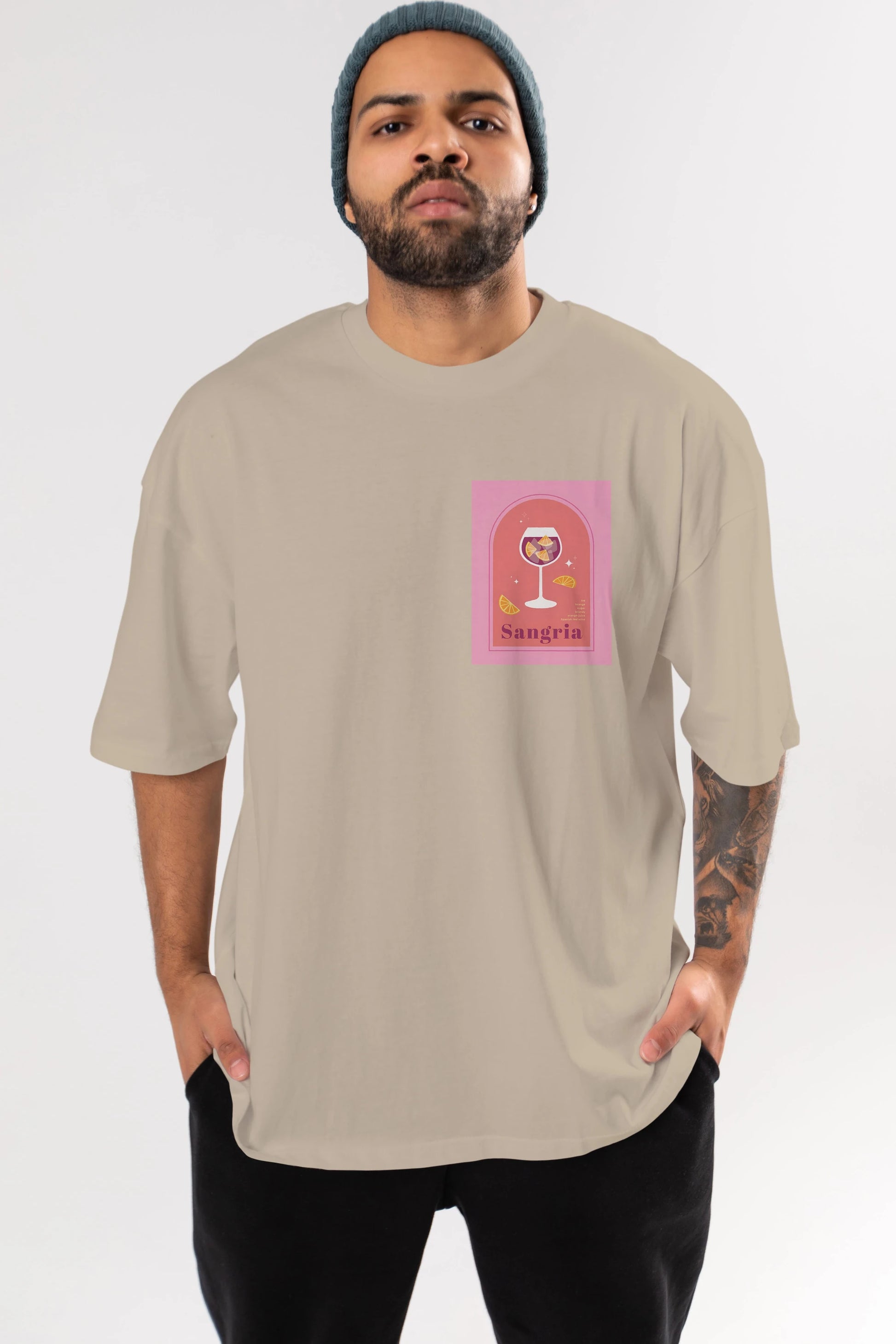 Sangria Ön Sol Baskılı Oversize t-shirt Erkek Kadın Unisex %100 Pamuk Bisiklet Yaka tişort