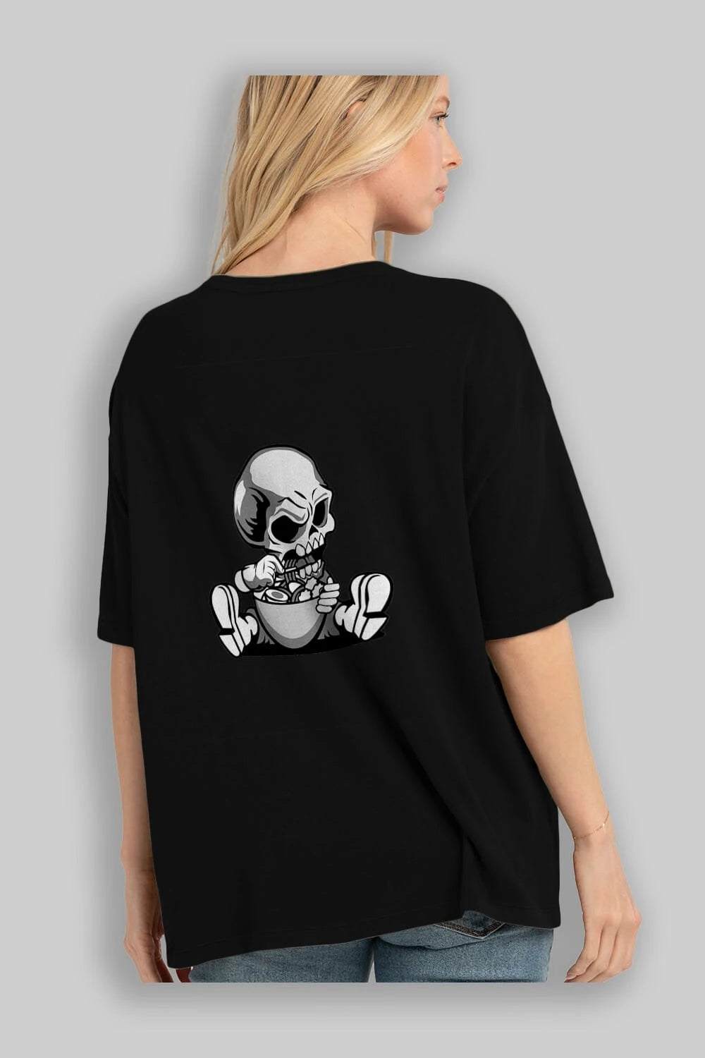 Skull Eat Ramen Arka Baskılı Oversize t-shirt Erkek Kadın Unisex %100 Pamuk tişort