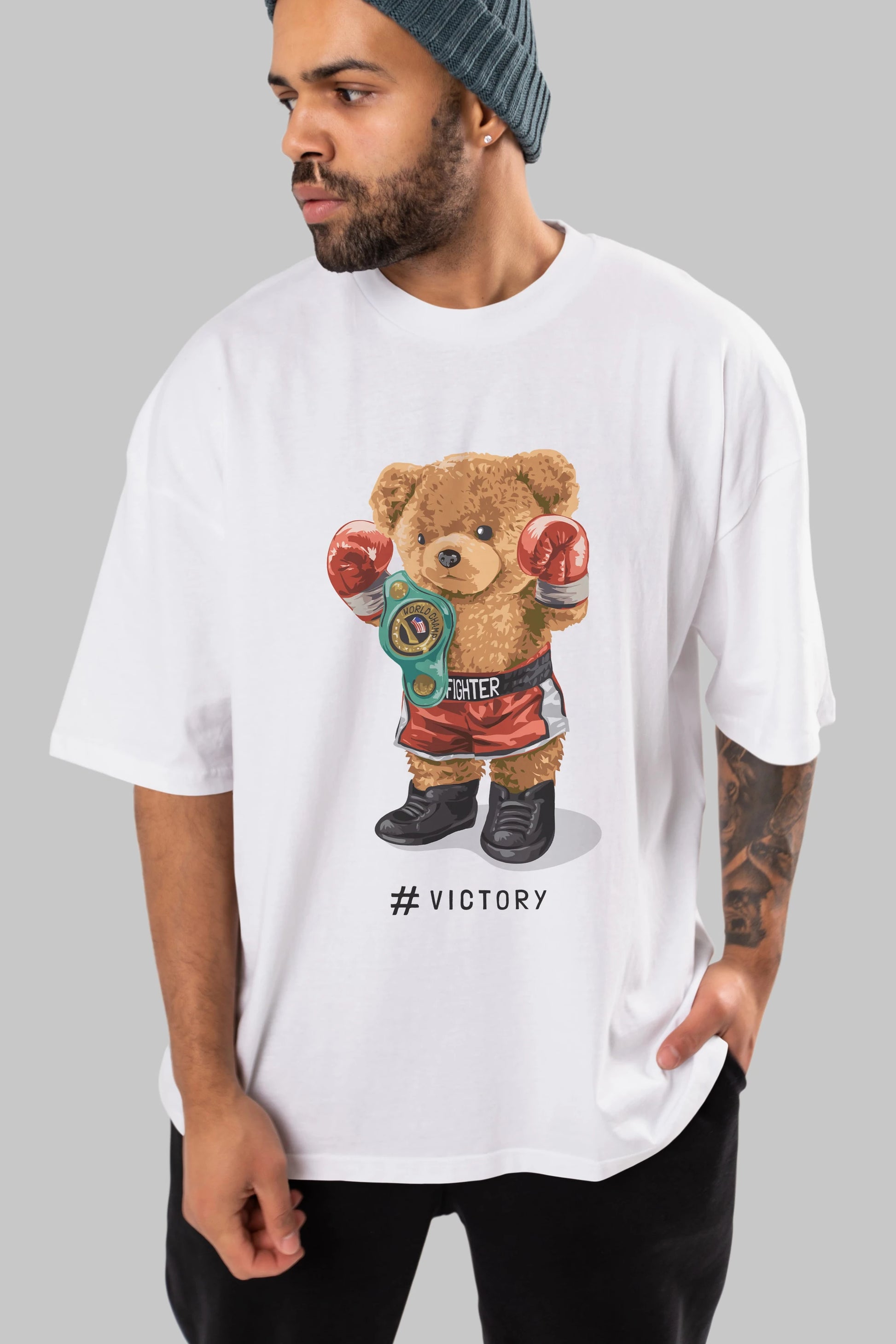 Teddy Bear Victory Ön Baskılı Oversize t-shirt Erkek Kadın Unisex %100 Pamuk