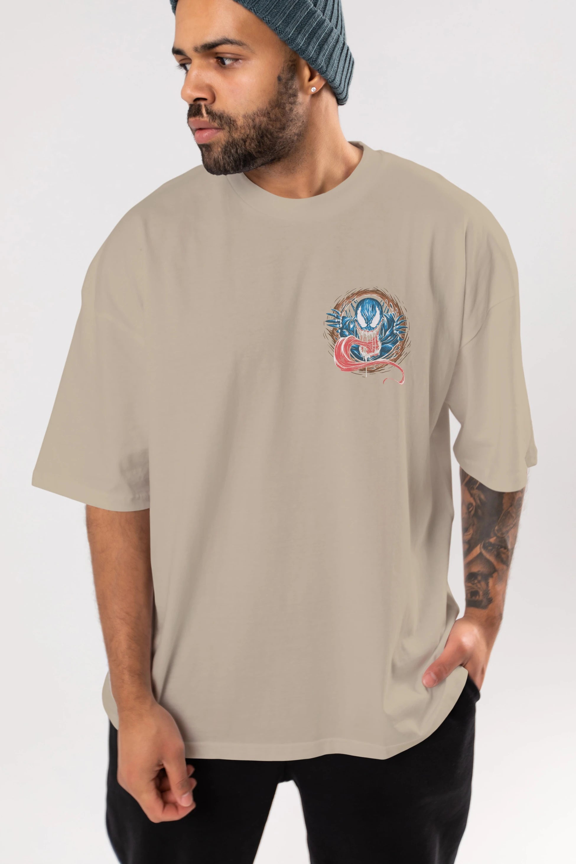Venom (7) Ön Sol Baskılı Oversize t-shirt Erkek Kadın Unisex %100 Pamuk Bisiklet Yaka tişort