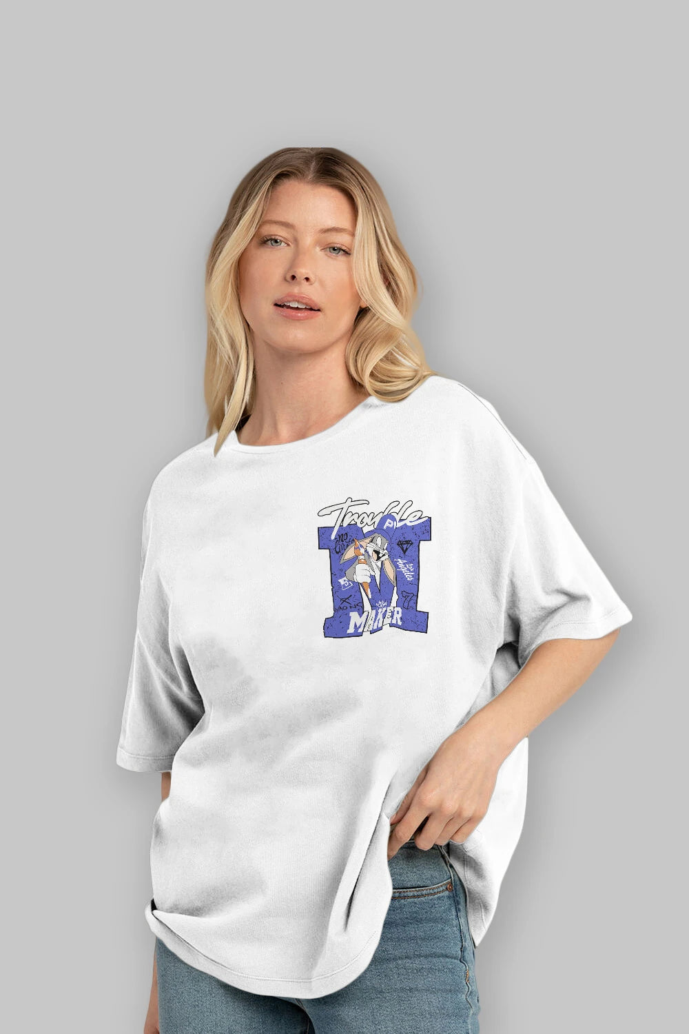 Bugs Bunny Ön Sol Baskılı Oversize t-shirt Erkek Kadın Unisex %100 Pamuk Bisiklet Yaka tişort