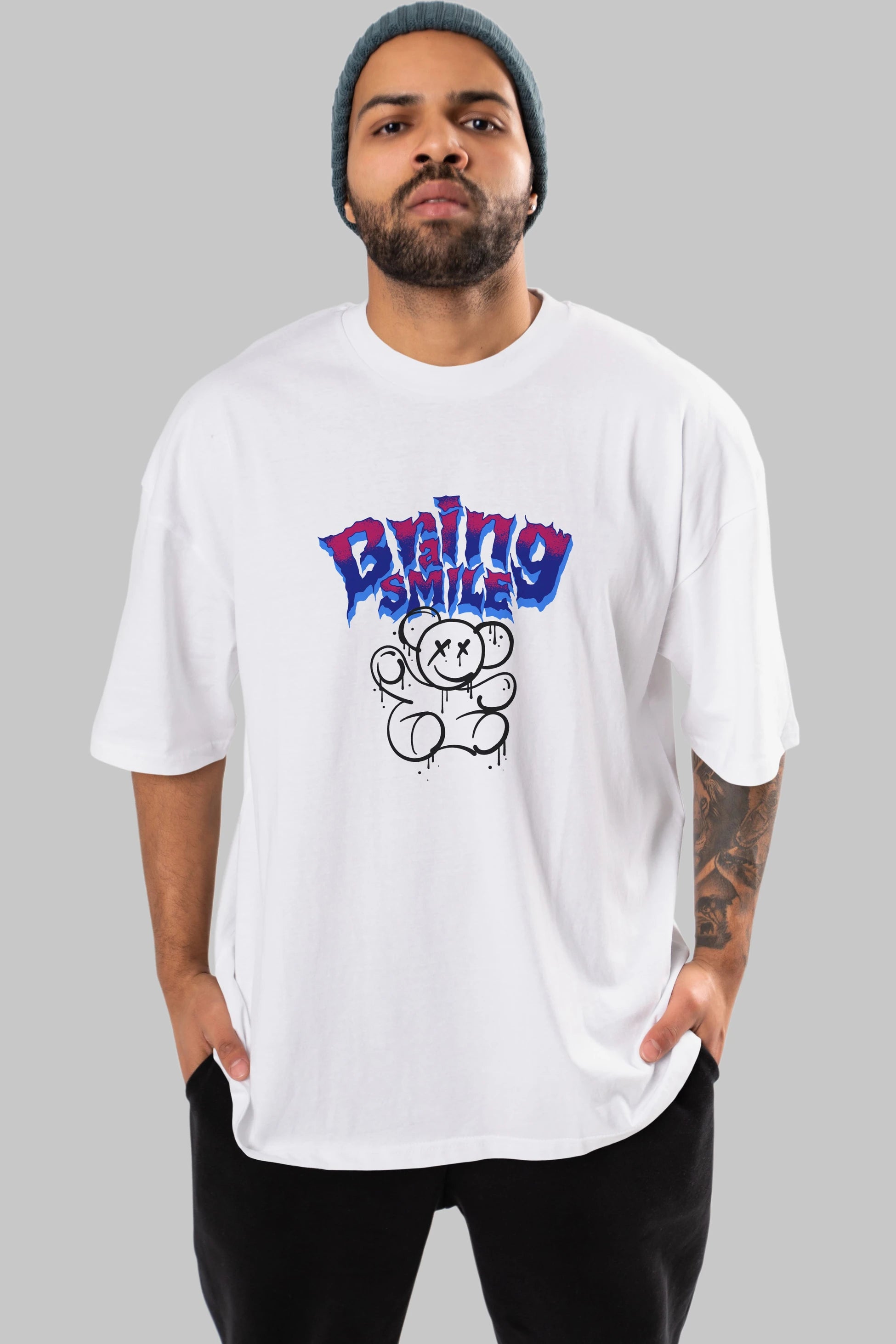 Teddy Bear Braing Smile Ön Baskılı Oversize t-shirt Erkek Kadın Unisex